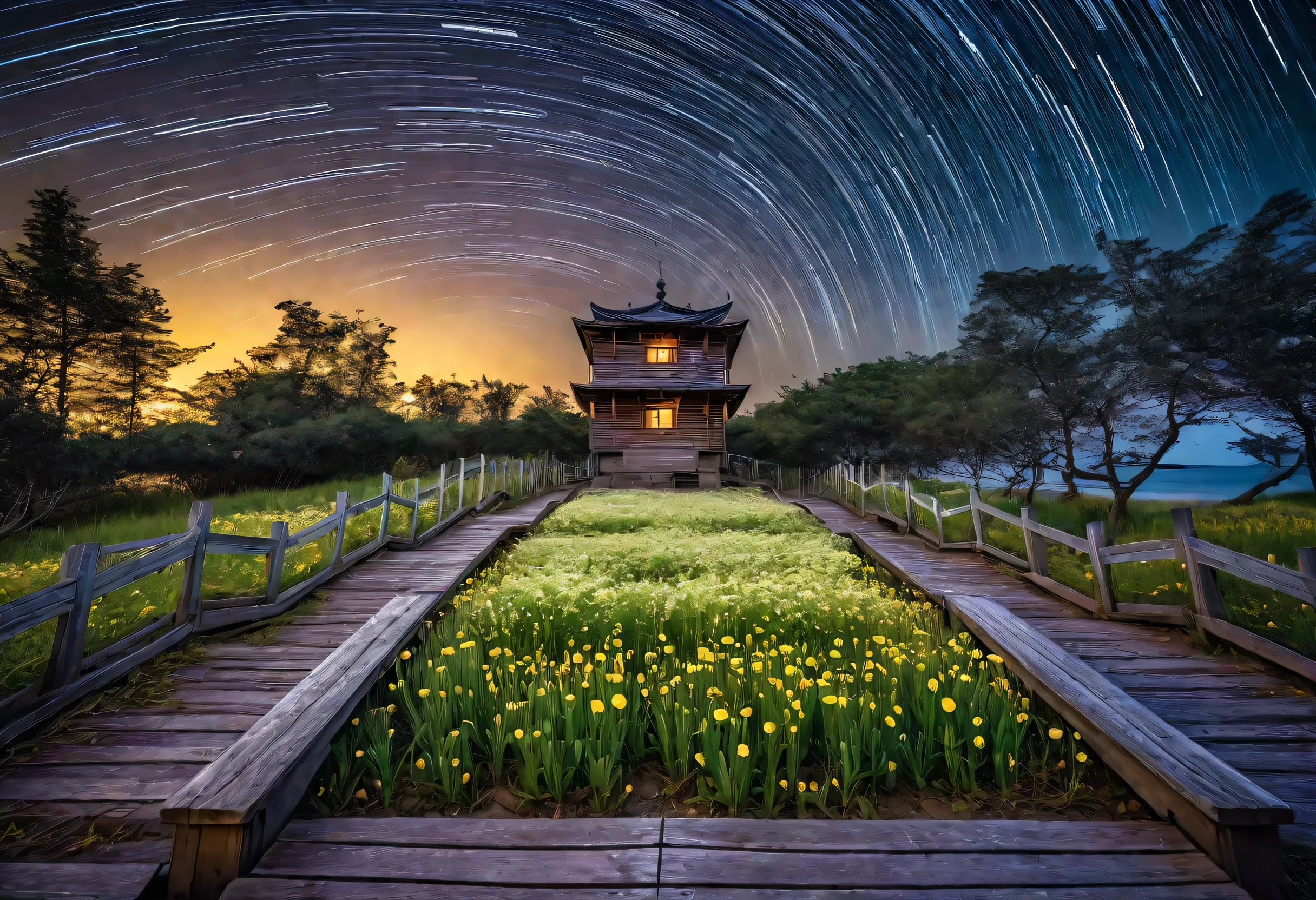 Background star trails，Starry Sky，Ground flowers，Sea of Flowers，RAW，UHD，8k，Detailed Details，Best quality，Perfect color matching，Sense of atmosphere，Masterpieces shot by international photography masters，National Geographic Photography Award Winners