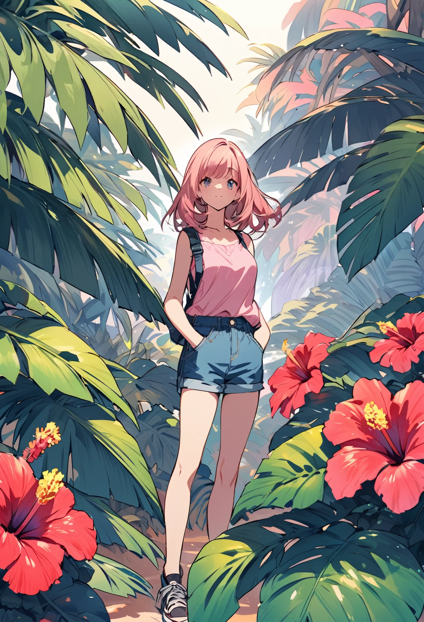 Create an illustration of a person standing in a relaxed posture.  She is wearing a black jumper, pink tank top, and denim shorts, with her hands lightly in her pockets.  The background depicts tropical plants with large leaves, including a hibiscus. The background is reminiscent of the seaside.  The overall aesthetic is vibrant with colors, with detailed shading adding depth and texture to clothing and plants.