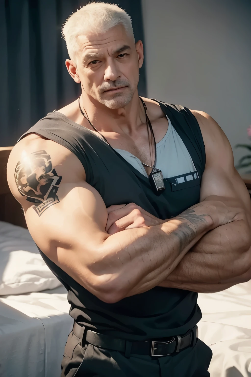 police, police officer, police officer uniform, cops, daddy, old man, handsome old man, handsome male wearing police officer uniform, muscular, muscular arms, tattooed, tattooed arms, veiny, buzz cut, necklace, earrings, seductive smile, seductive, 8k, super detail, masterpiece, textured skin, best quality, 8k, realistic, super realistic,