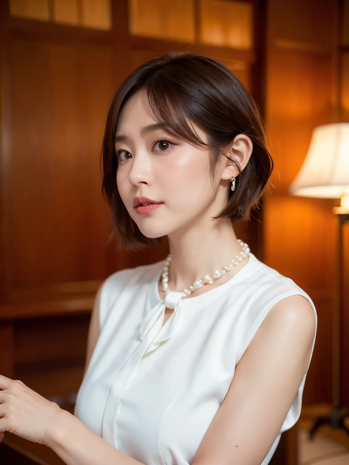 (highest quality, 8k, 32k, masterpiece, Ultra-high resolution:1.2),Beautiful Japanese Women Photos, （D cup breasts:1.4), Very short bob hair,Upper Body,Face Focus,（White Formal Blouse：1.4）、White ruffled blouse,（Pearl Necklace:1.4), （Sonar room of a nuclear submarine:1.6), The viewer is looking at her from the side, Observe the audience