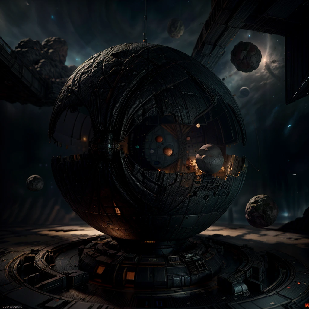Masterpiece, best quality, (highly detailed CG unity 8k wallpaper), (best quality), (best illustration), (best shadows), isometric 3D , octane rendering, ray tracing, highly detailed, large Asteroid with a Space-pirates hidden base on top
