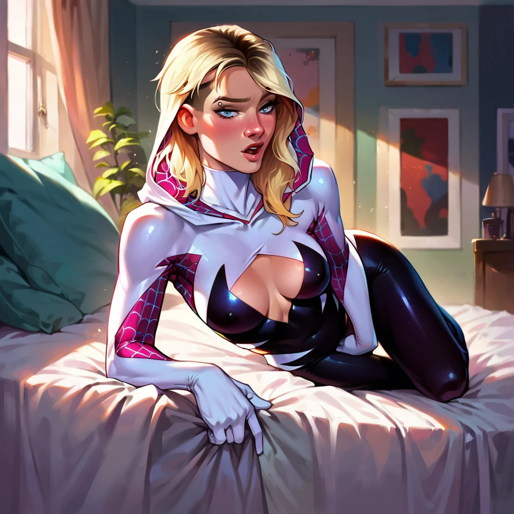 score_9, score_8_up, score_7_up, score_6_up, score_5_up, (high quality, detailed, beautiful), detailed soft lighting, rating_explicit, 1girl, 1boy, Gwen Stacy wearing Spider Gwen suit, cowgirl position, vaginal penetration, medium penis, in her bedroom, blush, beautiful eyes, open eyes.