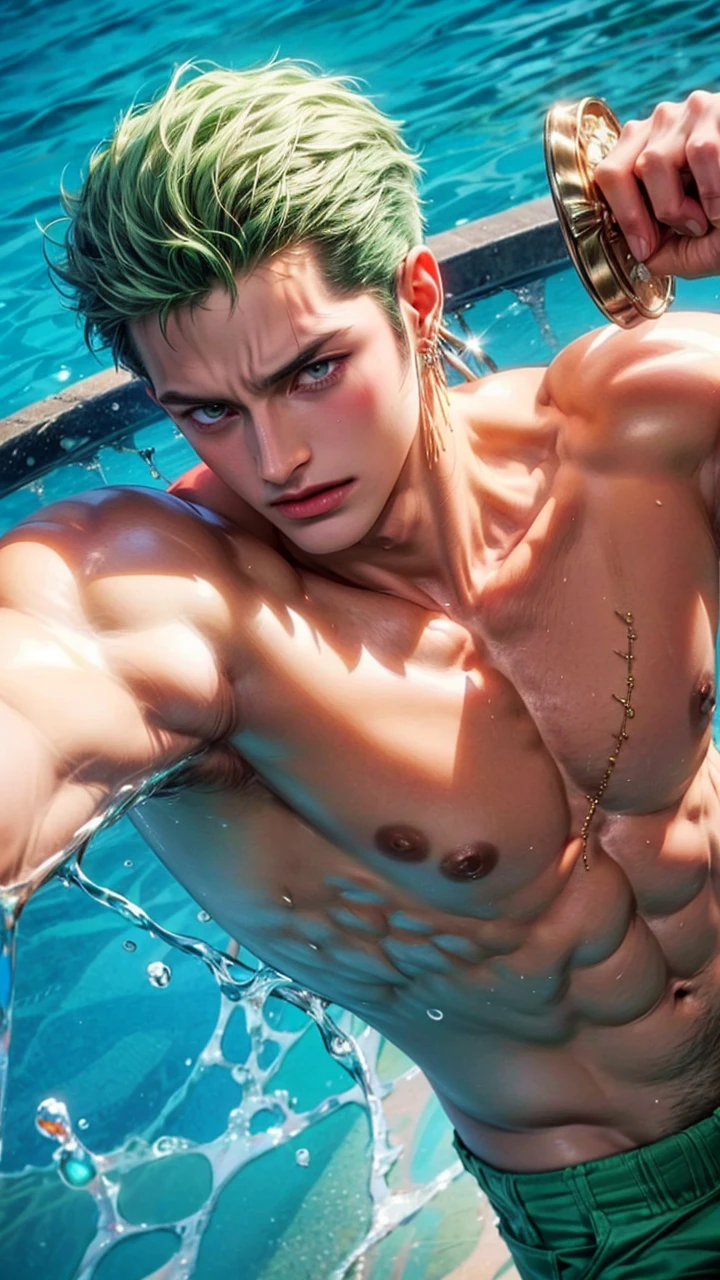 4k, high resolution, best quality, masterpiece, perfect color, perfect shade, perfect lighting, ((portrait)), ((handsome man)), perfect male figure, Short hair details,chest muscles,abdominal muscles,Naked torso, Detailed face, perfect face, (stood up), Detailed background, ((Bonifasco Lighting)), (delicate eyes),(),green hair,