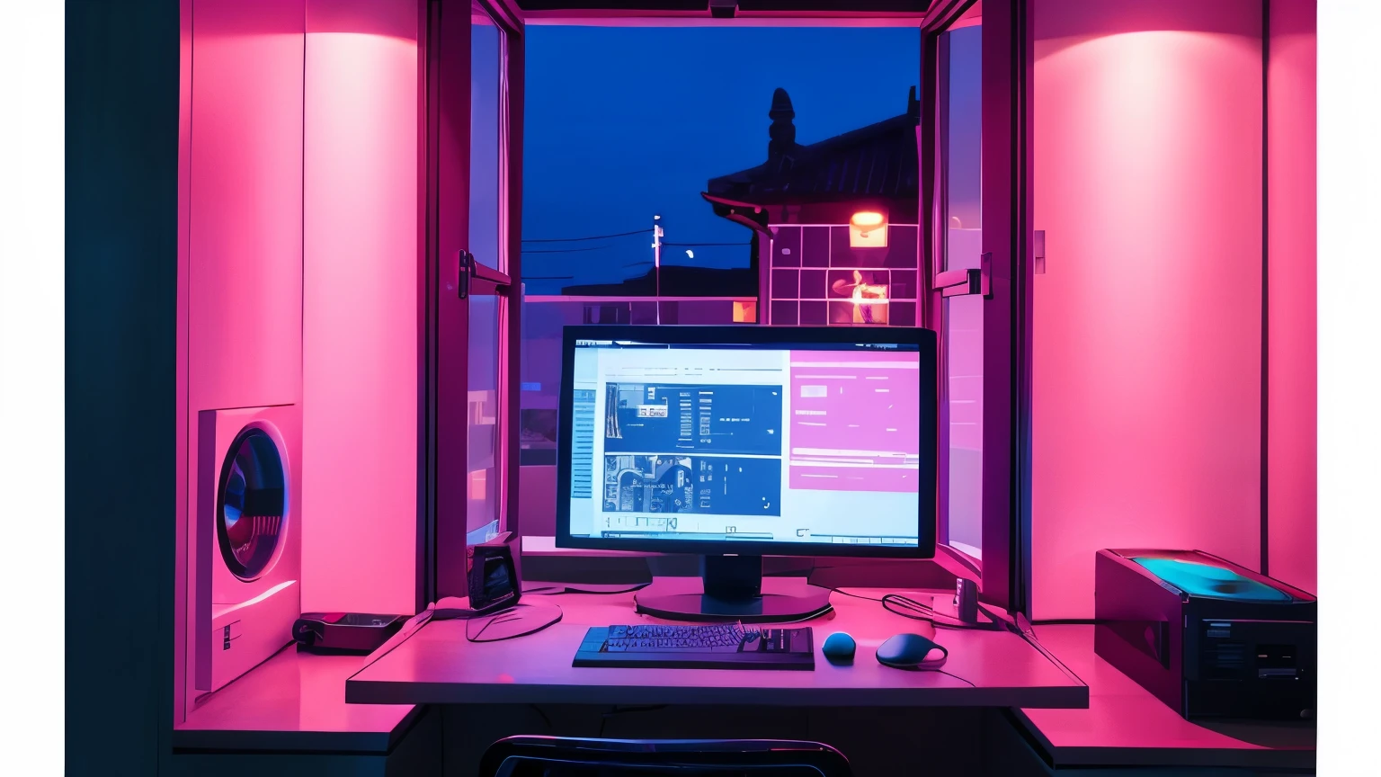 night cyber- Computer Window Pink Theme Anime Style Light star moon No people