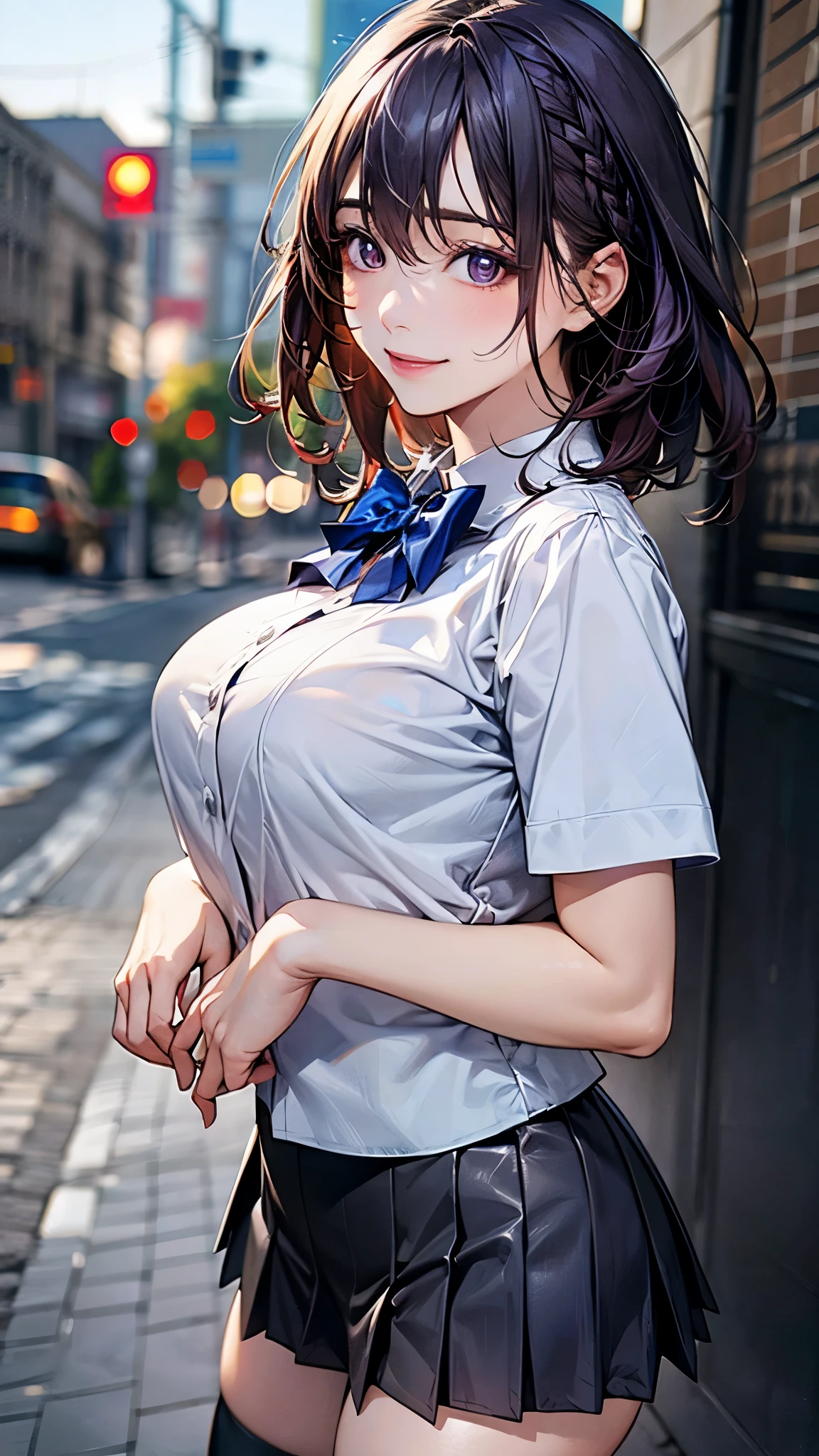 (masterpiece:1.2, top-quality), (realistic, photorealistic:1.4), beautiful illustration, (natural side lighting, movie lighting), nsfw,
looking at viewer, cowboy shot, front view:0.6, 1 girl, japanese, high school girl, perfect face, cute and symmetrical face, shiny skin,
(short hair:1.2, messy hair:1.2, braid:1.0, purple hair), hair between eyes, purple eyes, long eye lasher, (large breasts:0.7, thick thighs),
beautiful hair, beautiful face, beautiful detailed eyes, beautiful clavicle, beautiful body, beautiful chest, beautiful thigh, beautiful legs, beautiful fingers,
((white collared shirts, grey pleated mini skirt, black socks, blue bow tie)),
(beautiful scenery), evening, riverside, walking, hands on chest, (lovely smile, upper eyes),