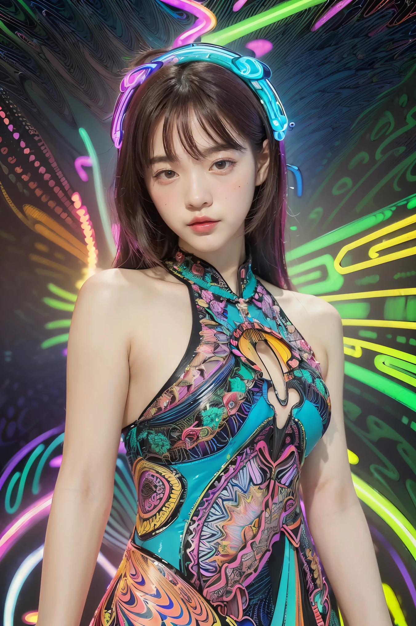 (masterpiece, top quality, best quality, official art, beautiful and aesthetic:1.2), (1girl:1.3), extremely detailed,(fractal art:1.2),colorful,highest detailed,( zentangle neon:1.2), (dynamic pose), (abstract background neon:1.5), (treditional dress:1.2), (shiny skin), (many colors:1.4), upper body ,Neon,16K,Full HD