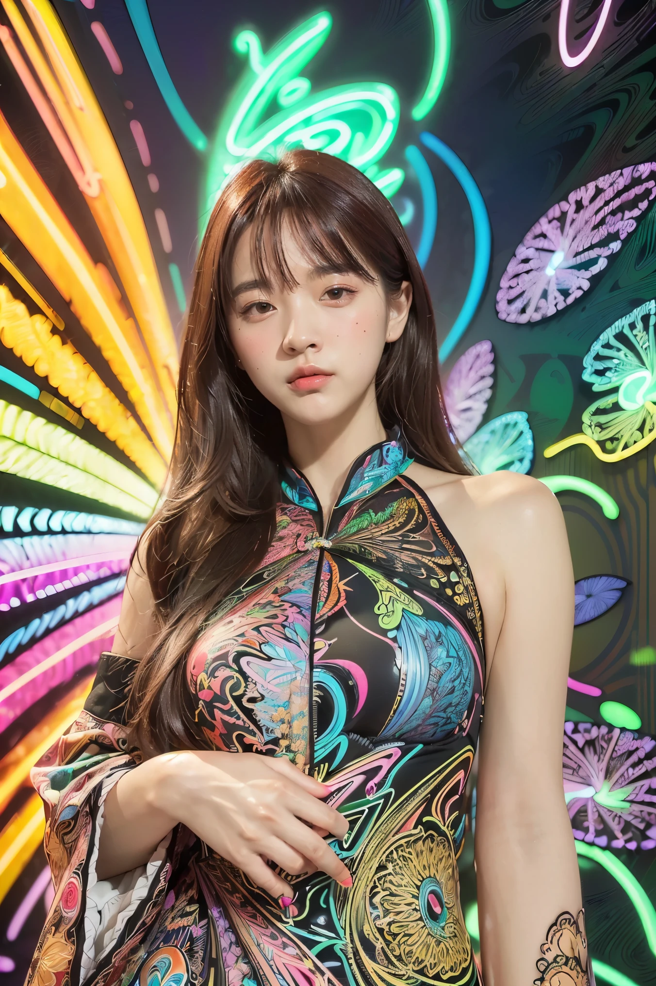 (masterpiece, top quality, best quality, official art, beautiful and aesthetic:1.2), (1girl:1.3), extremely detailed,(fractal art:1.2),colorful,highest detailed,( zentangle neon:1.2), (dynamic pose), (abstract background neon:1.5), (treditional dress:1.2), (shiny skin), (many colors:1.4), upper body ,Neon,16K,Full HD