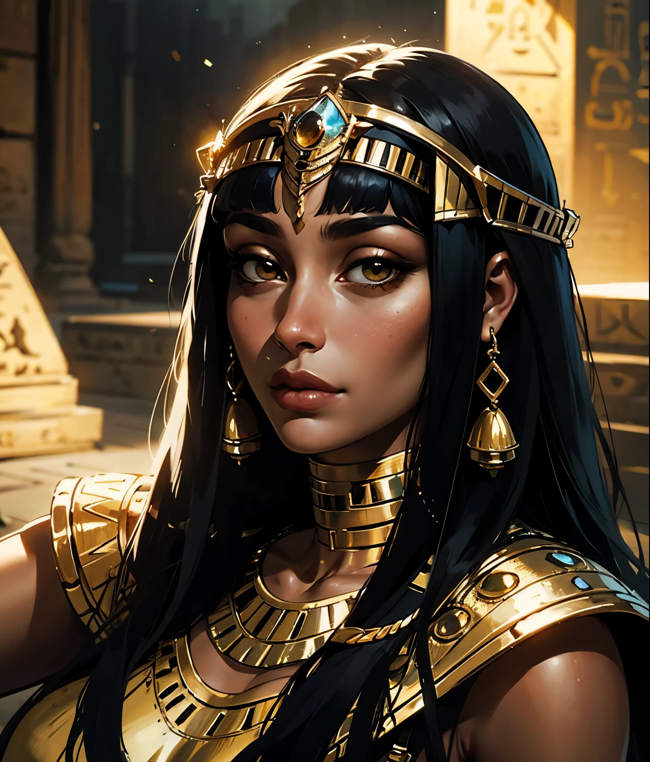 Una imagen de una mujer, cleopatra, cabello largo y negro, cleopatra de Egipto, cuerpo hermoso, good lighting, cleopatra, vestiduras doradas, good lighting, rostro cercano, cleopatra de Egipto, facciones cleopatra de Egipto, detalles de oro en joyas, cleopatra de Egipto, ojos dorados