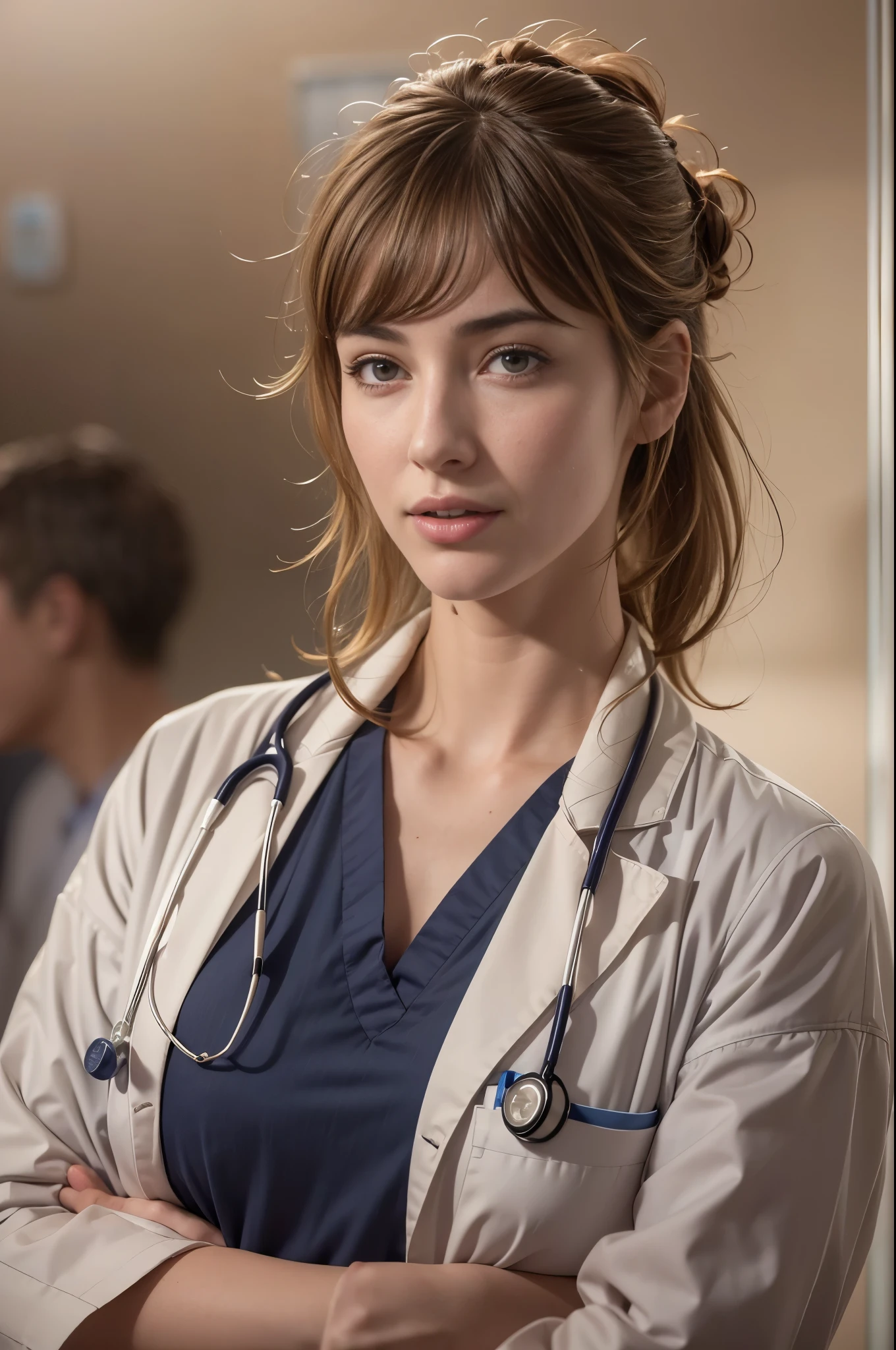 (Louise Bourgoin), Masterpiece, best quality, extremely detailed, hyperrealistic, photorealistic, a half body shot of a beautiful 20 years old french actress, (doctor, hospital, doctor uniform:1.1), ultra detailed face, with bangs, light brown hair with bun, pale skin, brown eyes, slender body, 16K, ultra high res.photorealistic, UHD, RAW, DSLR