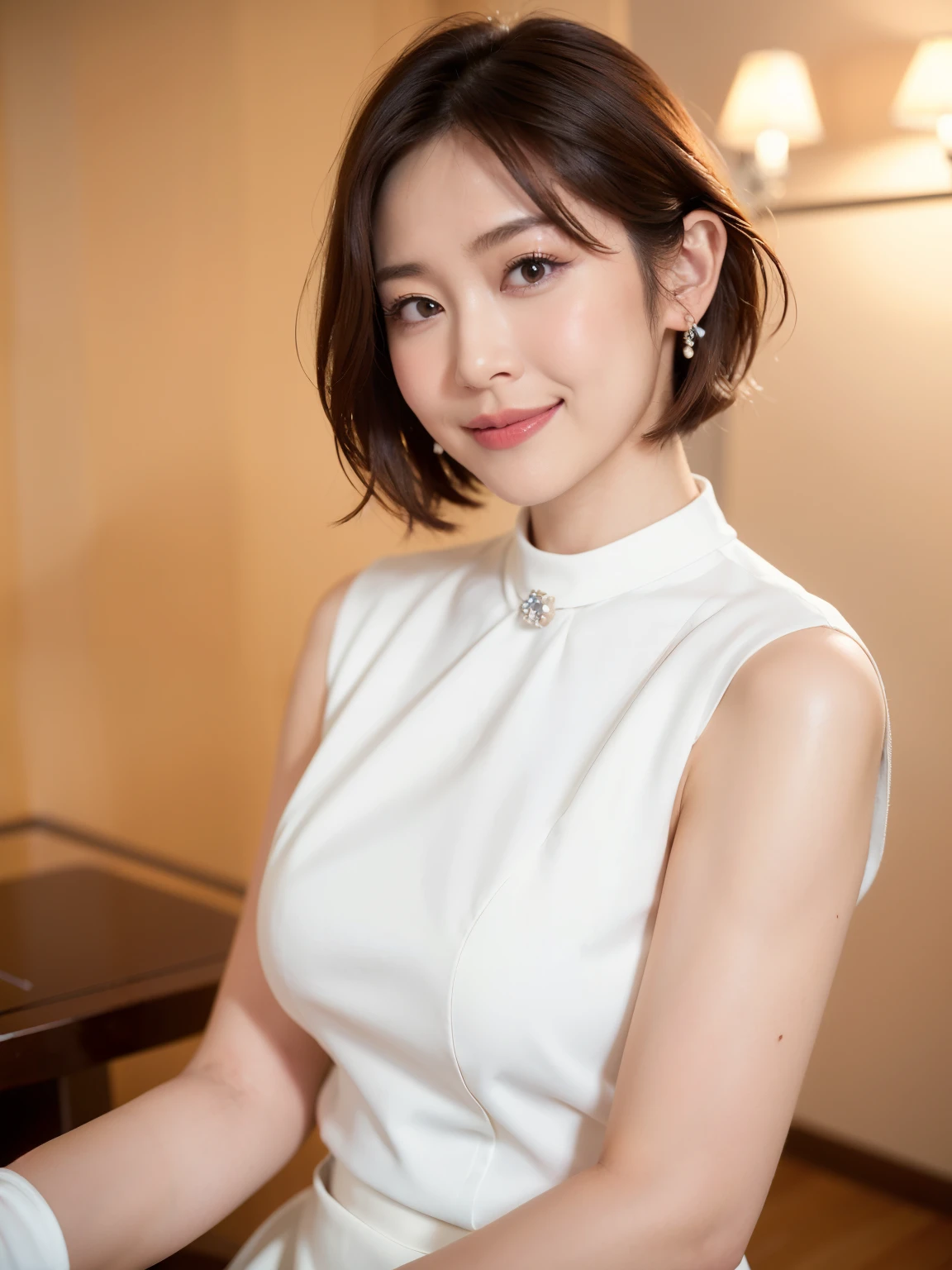 (highest quality, 8k, 32k, masterpiece, Ultra-high resolution:1.2),Beautiful Japanese Women Photos, (D cup breasts:1.4), Very short bob hair,Upper Body,Face Focus,(White Formal Blouse:1.4)、White ruffled blouse,(Pearl Necklace:1.4), (Sonar room of a nuclear submarine:1.6), The viewer is looking at her from the side, Observe the audience、(Gentle smile:1.5)