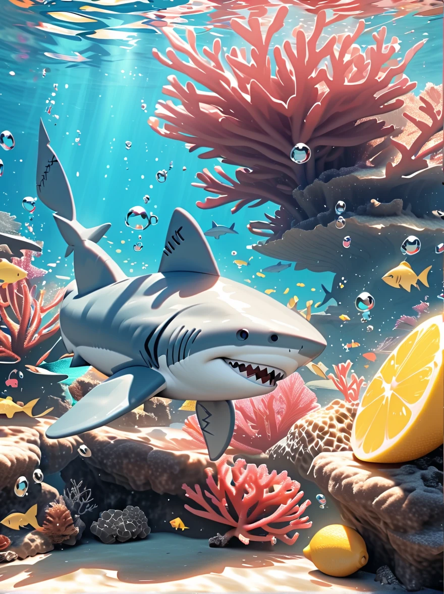 (anthropomorphism:1.4), (Full Body Shot), Cute shark on underwater square,(Shark eating lemon:1.5),(Expressing a very sour reaction),Sour expression,Vivid underwater scenery,Coral Reef,Fish swimming in the background,bubble,Clear water,Clear focus,Physically Based Rendering,Extremely detailed description,major,Vibrant colors,Bokeh,Underwater Photography