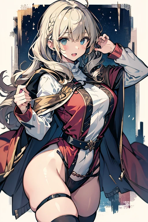 masterpiece, a girl 19 years old, sparrow, a silver blonde haired girl, wearing a brown viking clothes, curly medium hair, messy hair, slim body, wearing furry capelet with hoody, girl close her left eye, shirt ornament, aqua eyes, sho show her back, ahoge, red vest, baby face, small breast, beautiful breasts, rounded breasts, braid hair, long sleeves, beautiful eyes, white stocking, droopy eyes, smile, ancient viking , looking at viewer, open mouth, 