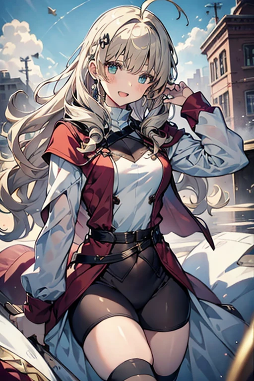 masterpiece, a girl 19 years old, sparrow, a silver blonde haired girl, wearing a brown viking clothes, curly medium hair, messy hair, slim body, wearing furry capelet with hoody, girl close her left eye, shirt ornament, aqua eyes, sho show her back, ahoge, red vest, , small breast, beautiful breasts, rounded breasts, braid hair, long sleeves, beautiful eyes, white stocking, droopy eyes, smile, ancient viking , looking at viewer, open mouth, 