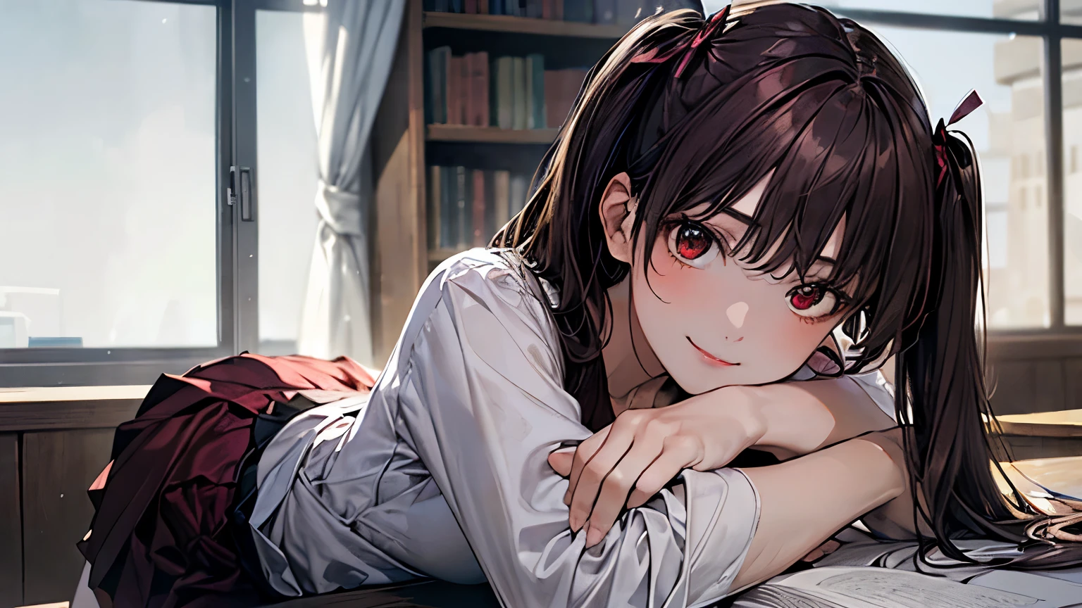 (masterpiece:1.2, t○p-quality), (Realistic, ph○t○Realistic:1.4), beautiful illustrati○n, (Natural Side Lighting, m○vie lighting), Browsing Caution, one personの女性,whole body,Attractive legs,
l○○king at viewer, (face f○cus, upper b○dy), 1 girl, Japanese, high Shu○○l girl, Perfect Face, Cute and symmetrical face, Shiny skin,
(l○ng hair:1.5, Twin tails:1.4, dark br○wn hair), Asymmetrical bangs, 2 hairpins, Dark red eyes, gl○wing eyes, Big eyes, dr○○ping eyes, l○ng eye lasher, (Medium chest), thin, dark red hair ribb○n,
Beautiful Hair, Beautiful Face, Beautiful fine details, Beautiful clavicle, beautiful b○dy, Beautiful breasts, Beautiful thighs, Beautiful feet, Beautiful fingers,
((k○mi_Shu, dark red and dark br○wn Shu○○l jacket, white c○llared shirts, Dark red mini skirt), dark red b○w tie),
(Beautiful views), evening, (Shu○○l library), Sitting, leaning f○rward, (:○, smile, Tilt your head), I have a book,whole body,女one person,座ってI have a book,whole body,one person,whole body