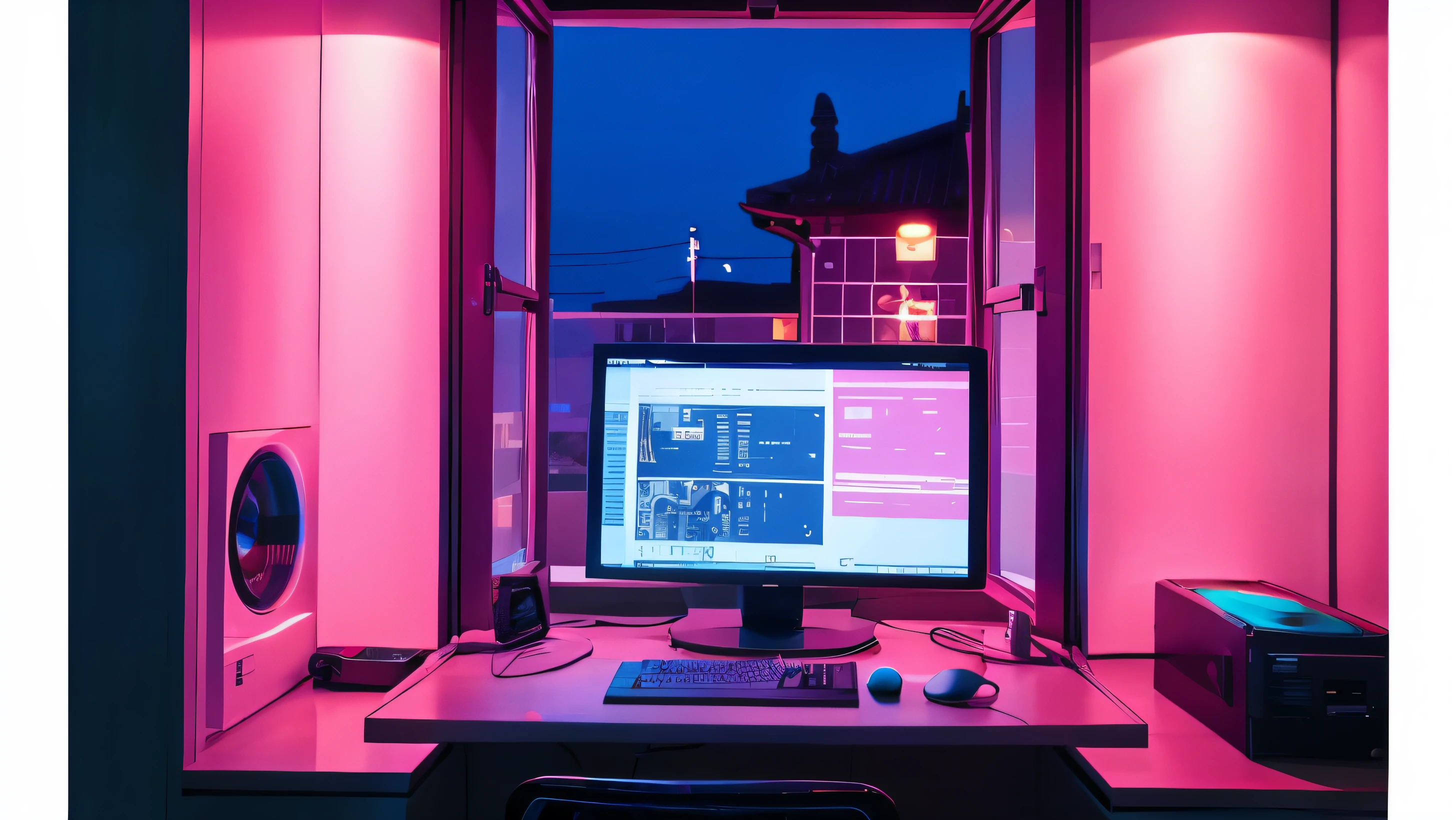 night　cyber-　Computer　Window　Pink Theme　Anime Style　Light　star　moon　No people