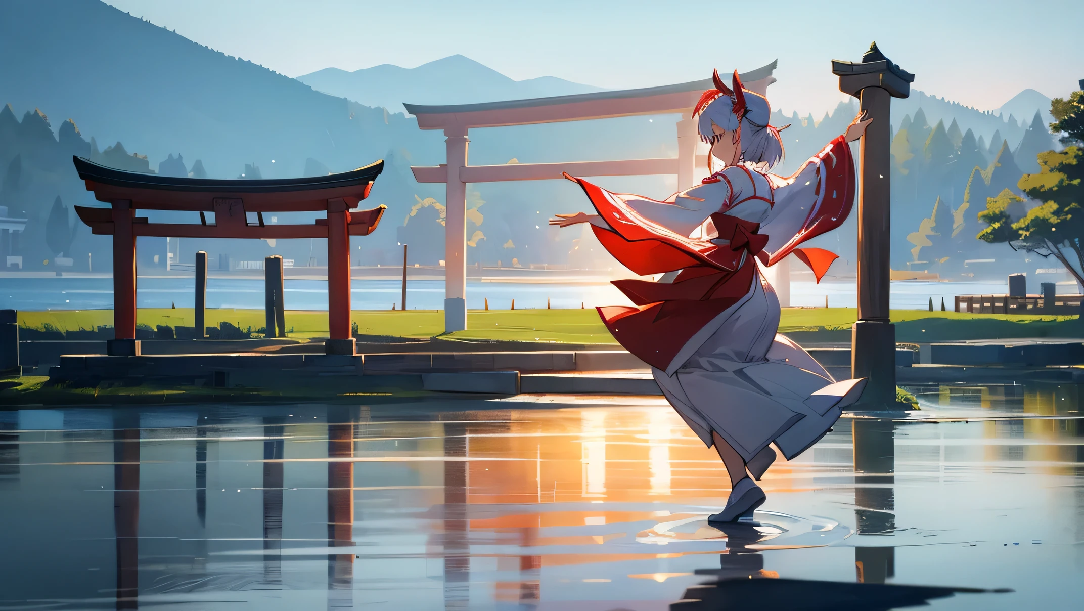 A shrine maiden dancing elegantly in front of a lake　Back view