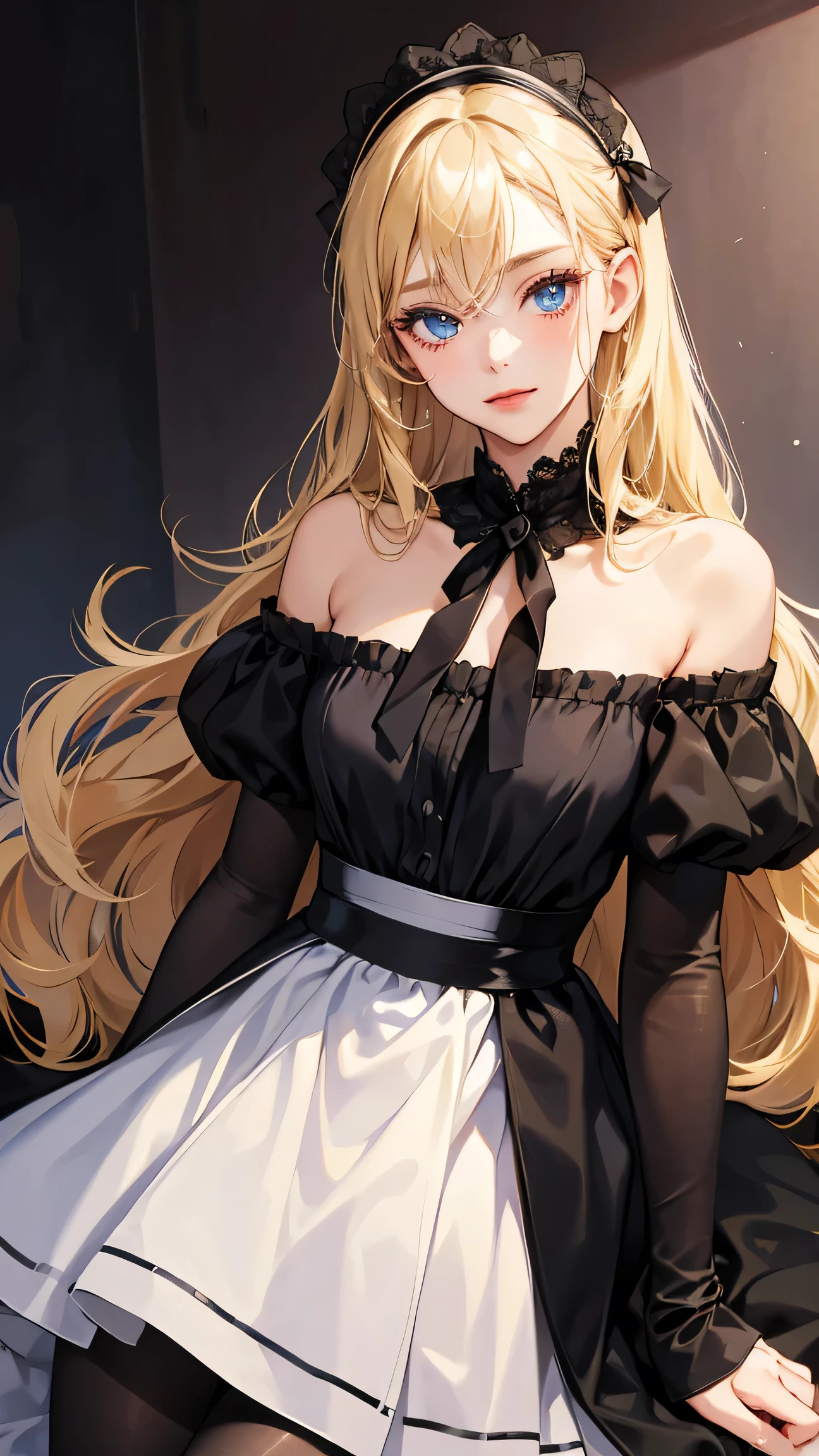 1girl, 30 years old, maid, black dress, off-the-shoulder, blonde hair, long hair, blonde, blue eyes, black pantyhose, sexy, seductive, black tie