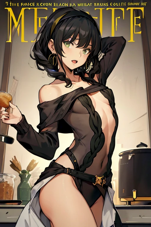 (small ???????:1.3), (perky ?????:1.1), (pointed ?????:1.0), (miritary magazine cover:1.3)，(from below:1.1),(from side:0.9),masterpiece, 1girl, Amazing Cleavage:1.1, thin waist, big ???, Raised ????, small ??????: 1.3, posed cleavage:1.2、solo, open mouth, have a cute grass of cute beergrass,black hair, dark green eyes, dress, ???? shoulders, jewelry, collarbone, sidelocks, hairband, earrings, indoors, off shoulder, sweater, arms behind back, plant, short hair with long locks, gild hairband, sweater dress:1.2, off-shoulder sweater, red sweater, dark gord hair, big side hair, very long side hair,is rendered in (masterpiece: 1.2, best quality), with (ultra high resolution) and an exquisite (depth of field). This masterpiece is not only visually stunning but also tells,A scene of cooking in the kitchen by classroom ,looking at viewer,