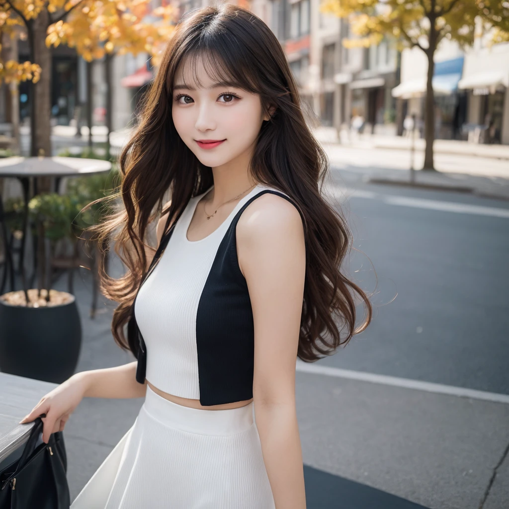 Tabletop, highest quality, figure, Super detailed, In detail, High resolution, 8k wallpaper, Perfect dynamic composition, Beautiful fine details, Women's fashion🍂,Medium Wavy Hair,、Natural color lip, Bold sexy pose,smile,club、20-year-old girl、cute、sexy shot looking at camera、Slim figure