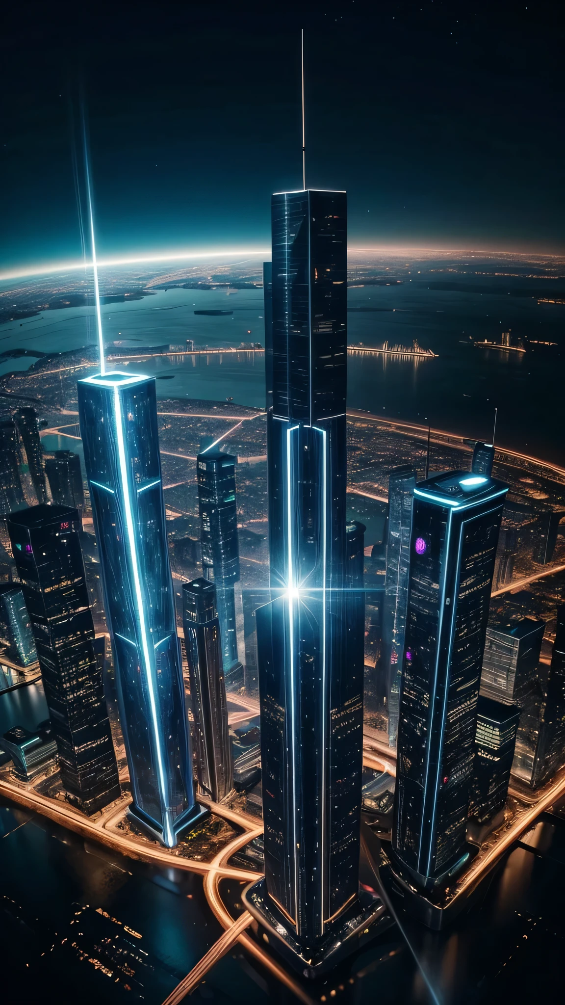 Uma qualidade de imagem ultra-alta、maximum quality、Cidade do Futuro、ciberpunk、luz vibrante、skyscrapers、Nas nuvens、cosmic vision、Mundo SF、sem personagens, view from 500 meters above 