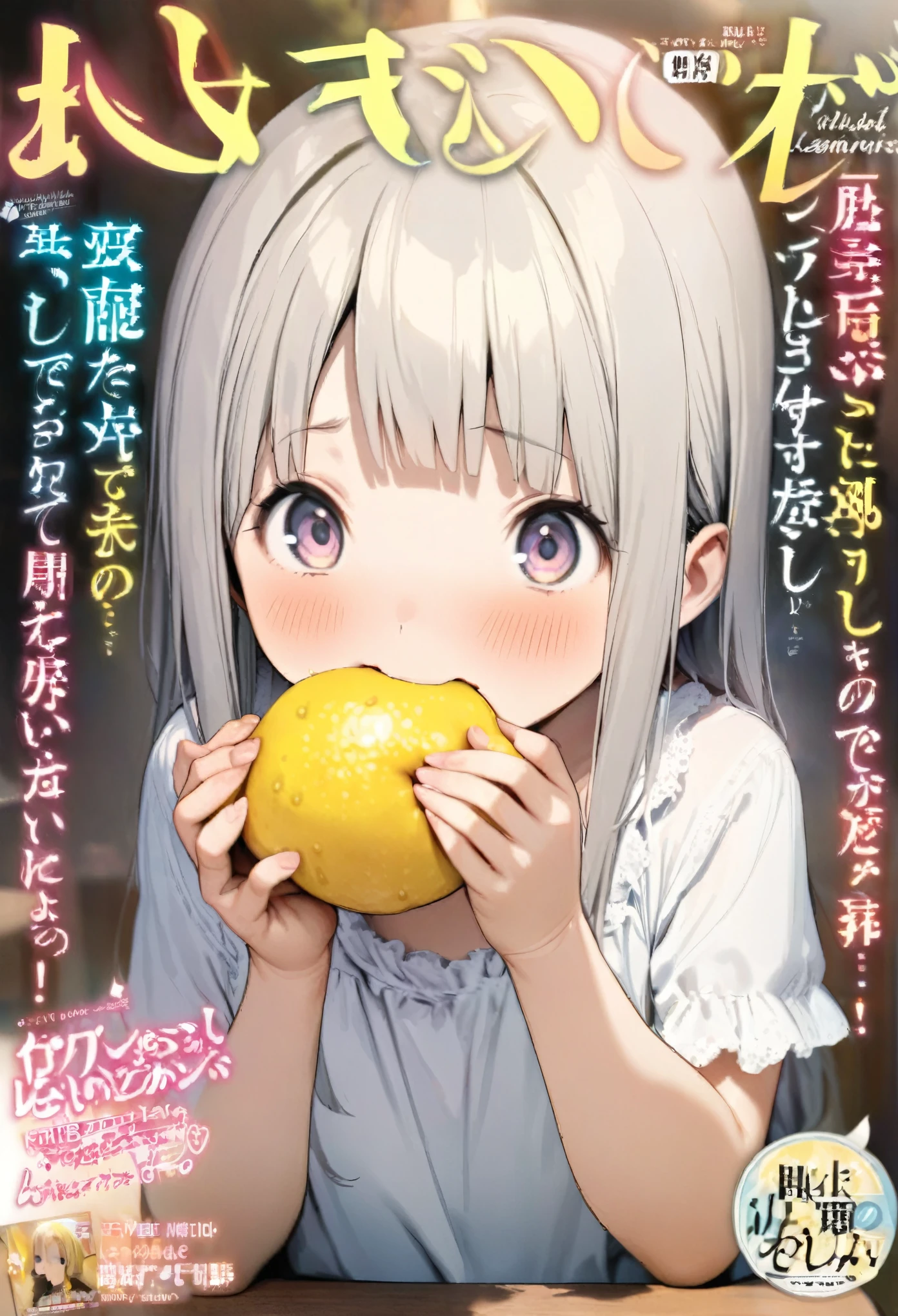 Magazine cover(masterpiece, best quality:1.2), girl，, Eat lemons, Sour expression,（（（The eyes are delicate）））（8K）（HD）