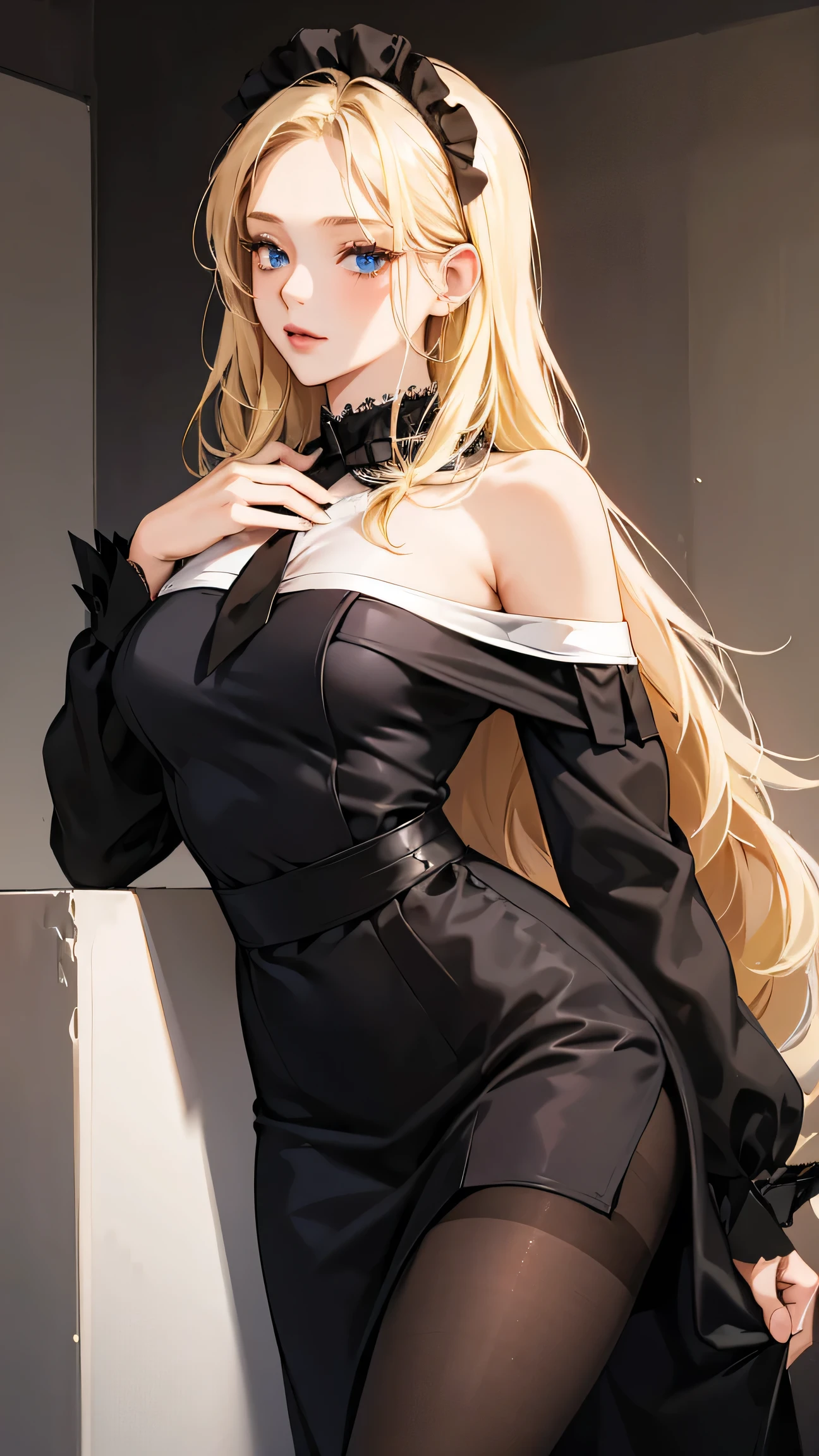 1girl, 30 years old, maid, black dress, off-the-shoulder, blonde hair, long hair, blonde, blue eyes, black pantyhose, sexy, seductive, black tie