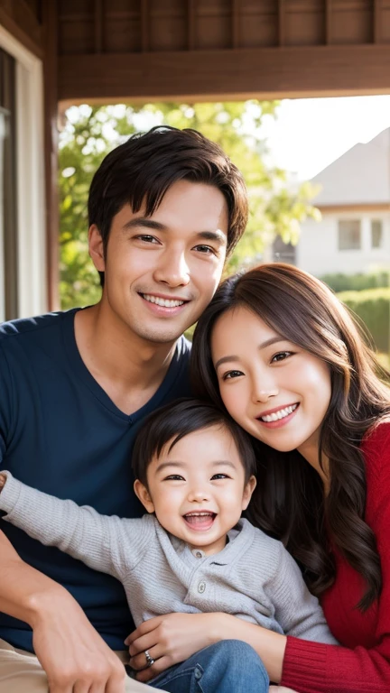 A happy family of three smiling together. The family includes a father, mother, and . They are standing close to each other, with warm expressions on their faces. The background is a cozy living room or a sunny outdoor setting, emphasizing a sense of joy and togetherness.