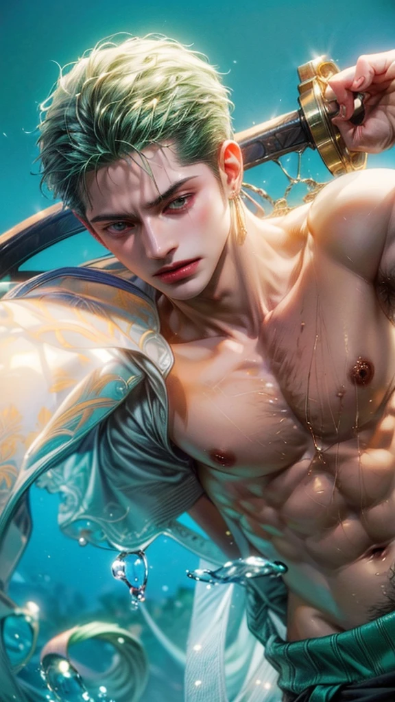 4k, high resolution, best quality, masterpiece, perfect color, perfect shade, perfect lighting, ((portrait)), ((handsome man)), perfect male figure, Short hair details,chest muscles,abdominal muscles,Naked torso, Detailed face, perfect face, (stood up), Detailed background, ((Bonifasco Lighting)), (delicate eyes),(),green hair,