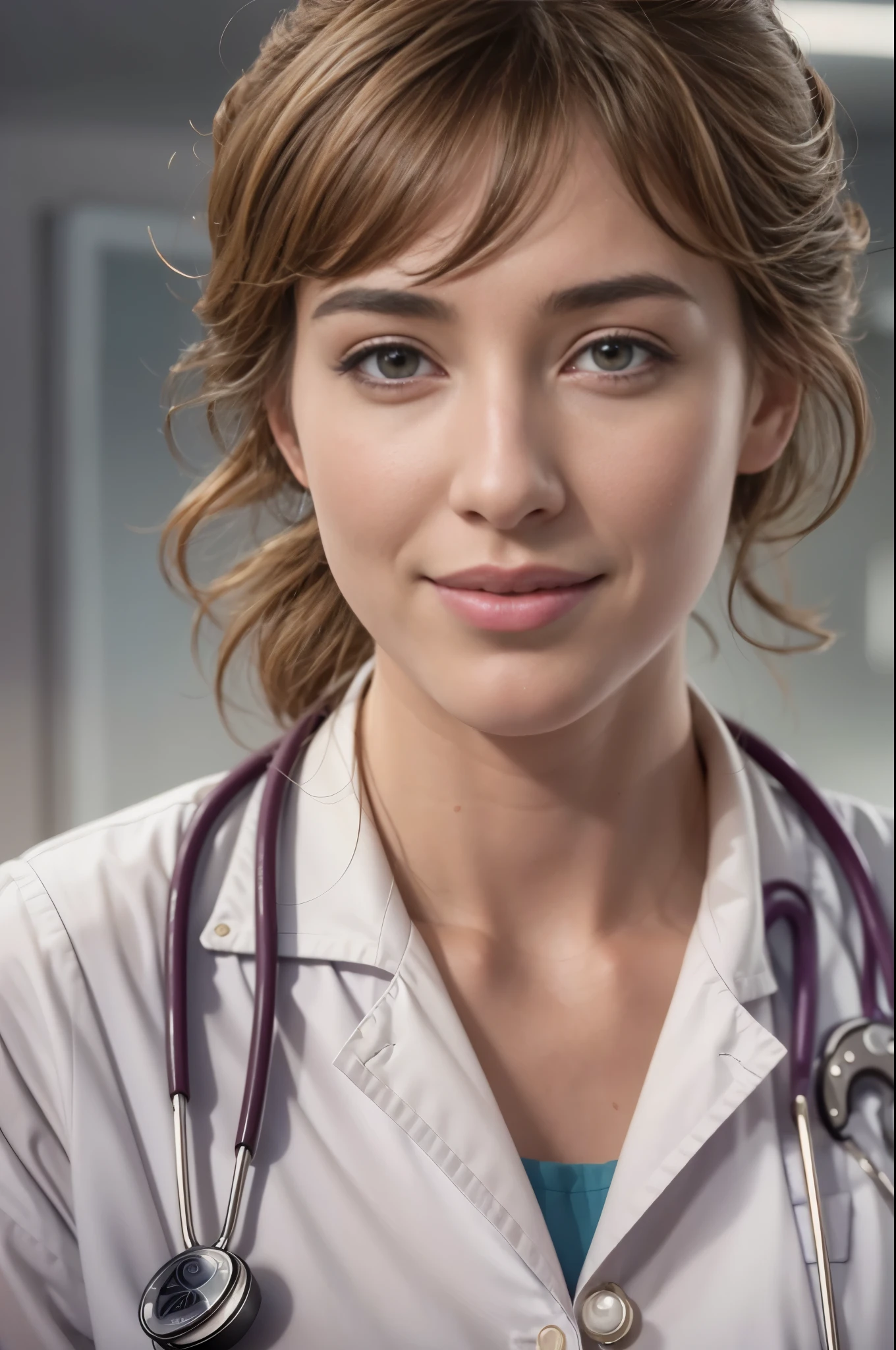 (Louise Bourgoin), Masterpiece, best quality, extremely detailed, hyperrealistic, photorealistic, a half body shot of a beautiful 26 years old french actress, ( TV show Hippocrate 2021, doctor, hospital, doctor uniform:1.1), ultra detailed face, with bangs, light brown hair with bun, pale skin, brown eyes, slender body, 16K, ultra high res.photorealistic, UHD, RAW, DSLR