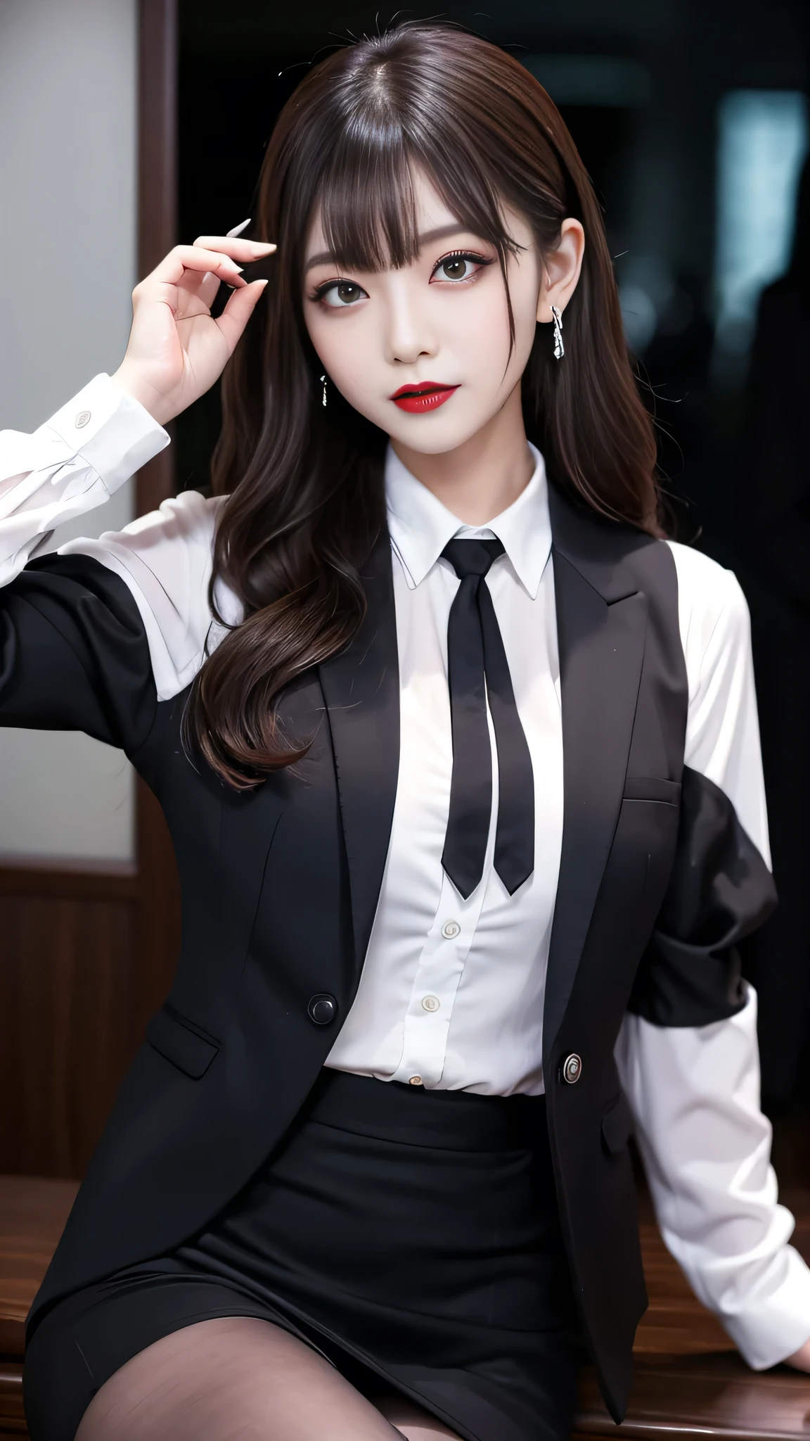 best quality、ultra-detailed、4k、Japanese、Seductive beauty、seductive adult woman、Pretty Woman、cool girl、Villainess、Brainwashed、brainwash、Fallen into evil、smirk、Evil look、Wicked Smile、evil、Brown hair、wavy hair、swept bangs、dark makeup、dark makeup、piercing eyes、hollow eyes,half-closed eyes、Hollow Eyes、purple Eyeshadow、black lipstick、black lipglos、office staff suit、suit、Jacket、Black sleeves、White Shirt、Black Ribbon、Tight Skirt、pantyhose、stockings、High heelask、night、inside darkroom、Are standing、shoot from below、Have lipstick、Emblem of Evil、Crest of Darkness、Swear allegiance、I have pledged my allegiance、Dye black、Blackening、Stained with evil、Dyed in darkness、Seduce