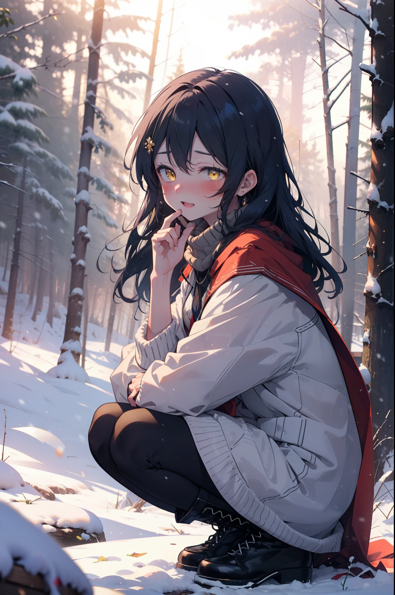 kindly, Umi Sonoda, Long Hair, Blue Hair, (Yellow Eyes:1.5) (Flat Chest:1.2),smile,blush,White Breath,
Open your mouth,snow,Ground bonfire, Outdoor, boots, snowing, From the side, wood, suitcase, Cape, Blurred, Increase your meals, forest, White handbag, nature,  Squat, Mouth closed, フードed Cape, winter, Written boundary depth, Black shoes, red Cape break looking at viewer, Upper Body, whole body, break Outdoor, forest, nature, break (masterpiece:1.2), highest quality, High resolution, unity 8k wallpaper, (shape:0.8), (Beautiful and beautiful eyes:1.6), Highly detailed face, Perfect lighting, Highly detailed CG, (Perfect hands, Perfect Anatomy),