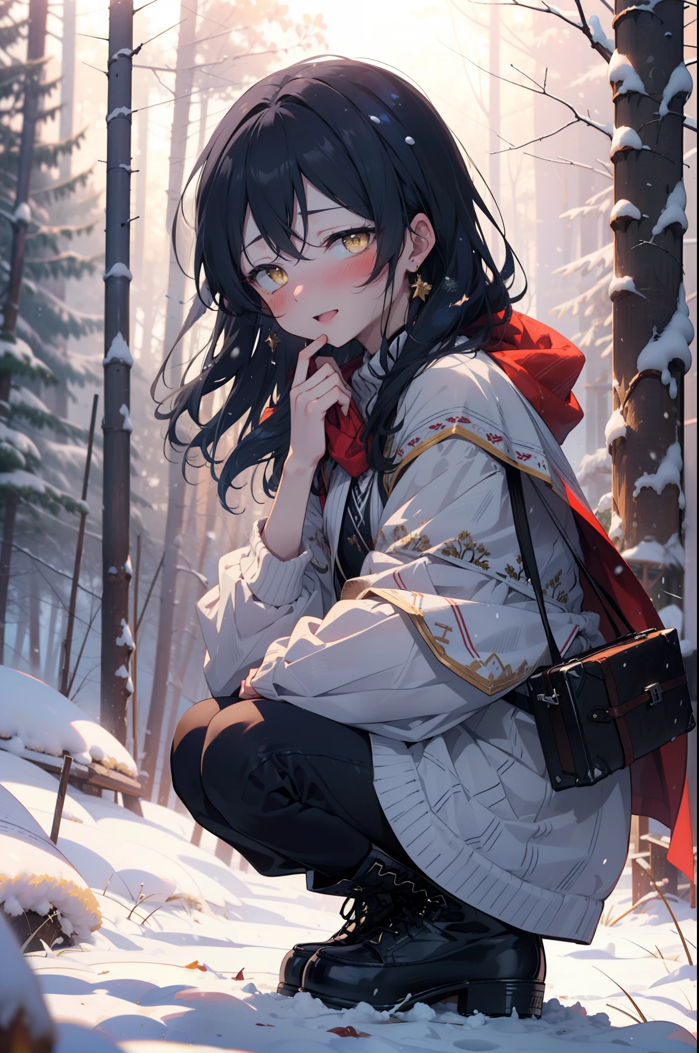 kindly, Umi Sonoda, Long Hair, Blue Hair, (Yellow Eyes:1.5) (Flat Chest:1.2),smile,blush,White Breath,
Open your mouth,snow,Ground bonfire, Outdoor, boots, snowing, From the side, wood, suitcase, Cape, Blurred, Increase your meals, forest, White handbag, nature,  Squat, Mouth closed, フードed Cape, winter, Written boundary depth, Black shoes, red Cape break looking at viewer, Upper Body, whole body, break Outdoor, forest, nature, break (masterpiece:1.2), highest quality, High resolution, unity 8k wallpaper, (shape:0.8), (Beautiful and beautiful eyes:1.6), Highly detailed face, Perfect lighting, Highly detailed CG, (Perfect hands, Perfect Anatomy),