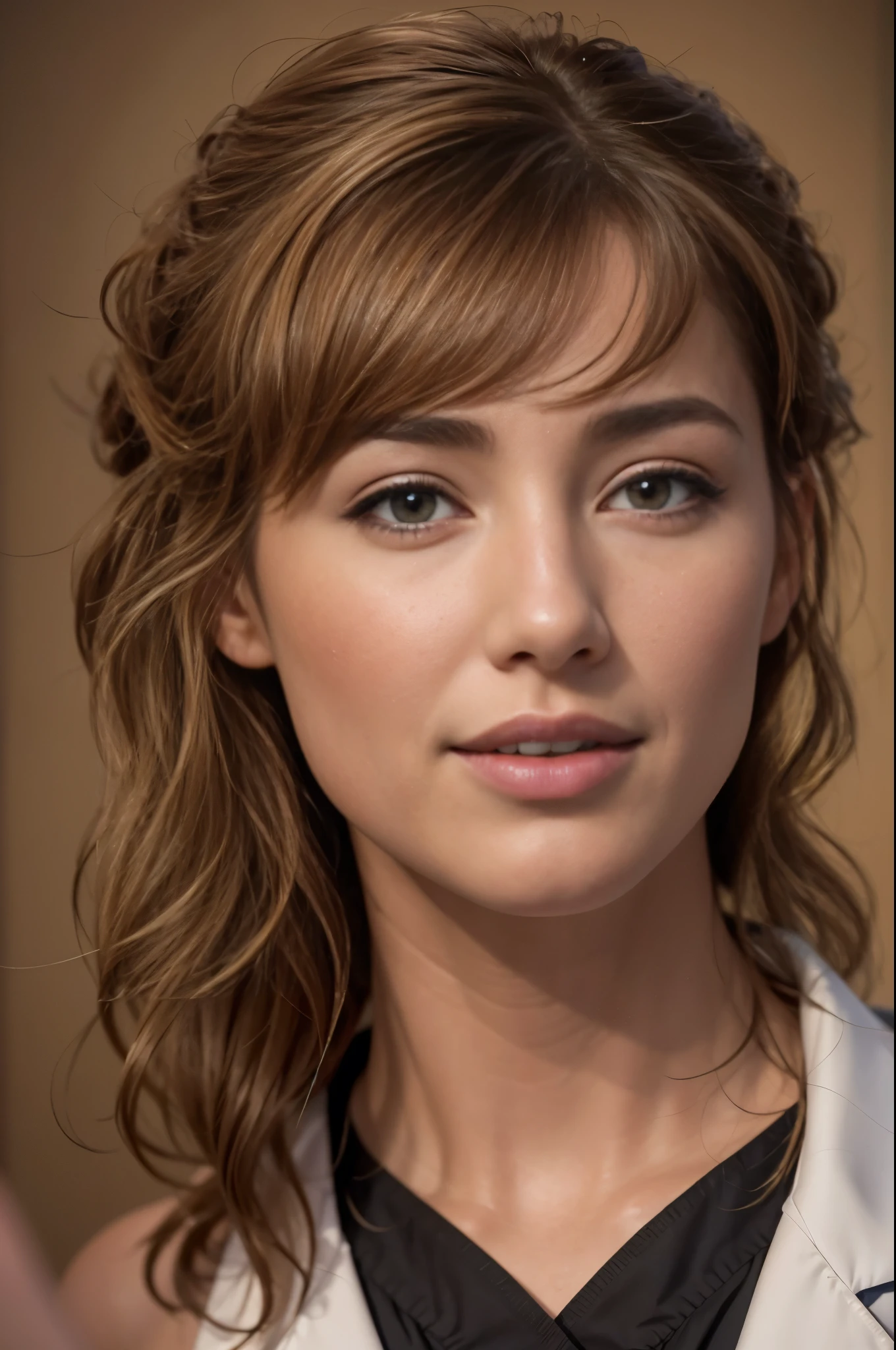 (Louise Bourgoin), Masterpiece, best quality, extremely detailed, hyperrealistic, photorealistic, a half body shot of a beautiful 26 years old french actress, ( TV show Hippocrate 2021, doctor, hospital, doctor uniform:1.1), ultra detailed face, with bangs, light brown hair with bun, pale skin, brown eyes, slender body, 16K, ultra high res.photorealistic, UHD, RAW, DSLR