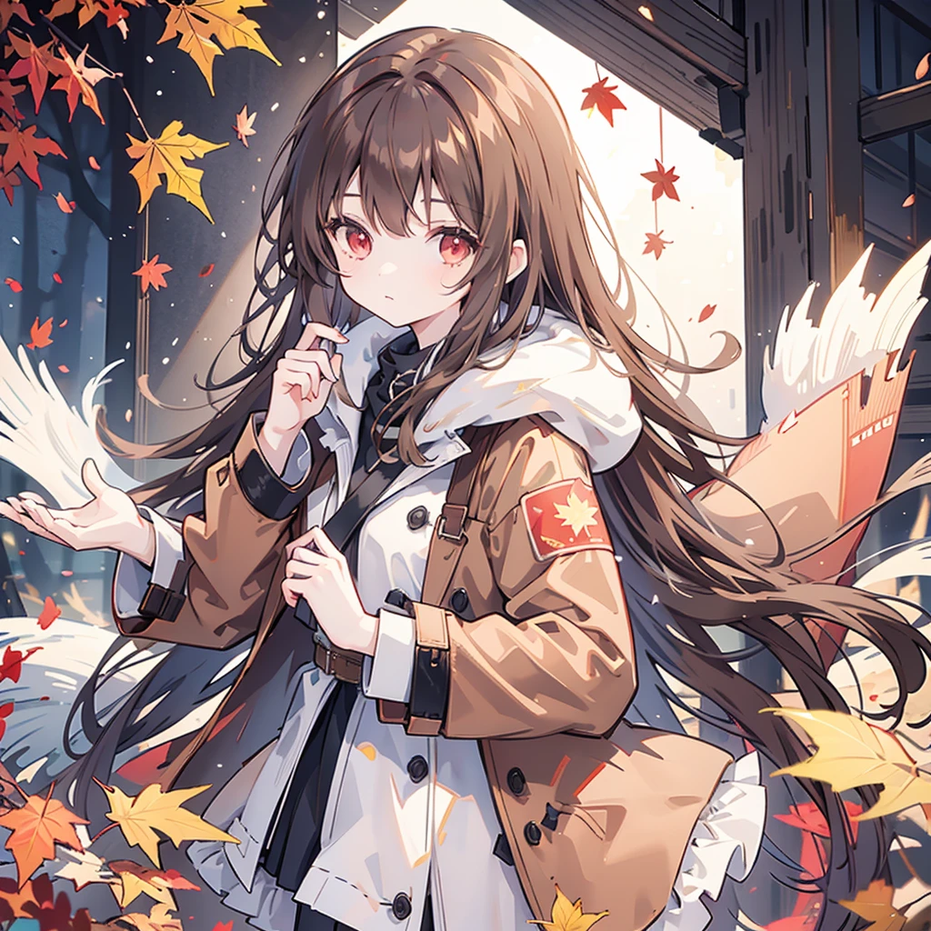 1girl, long brown hair, red eyes, wearing a brown coat, holding a maple leaf in hand, maple forest, some leaves fallen by, 8k, looking at viewer