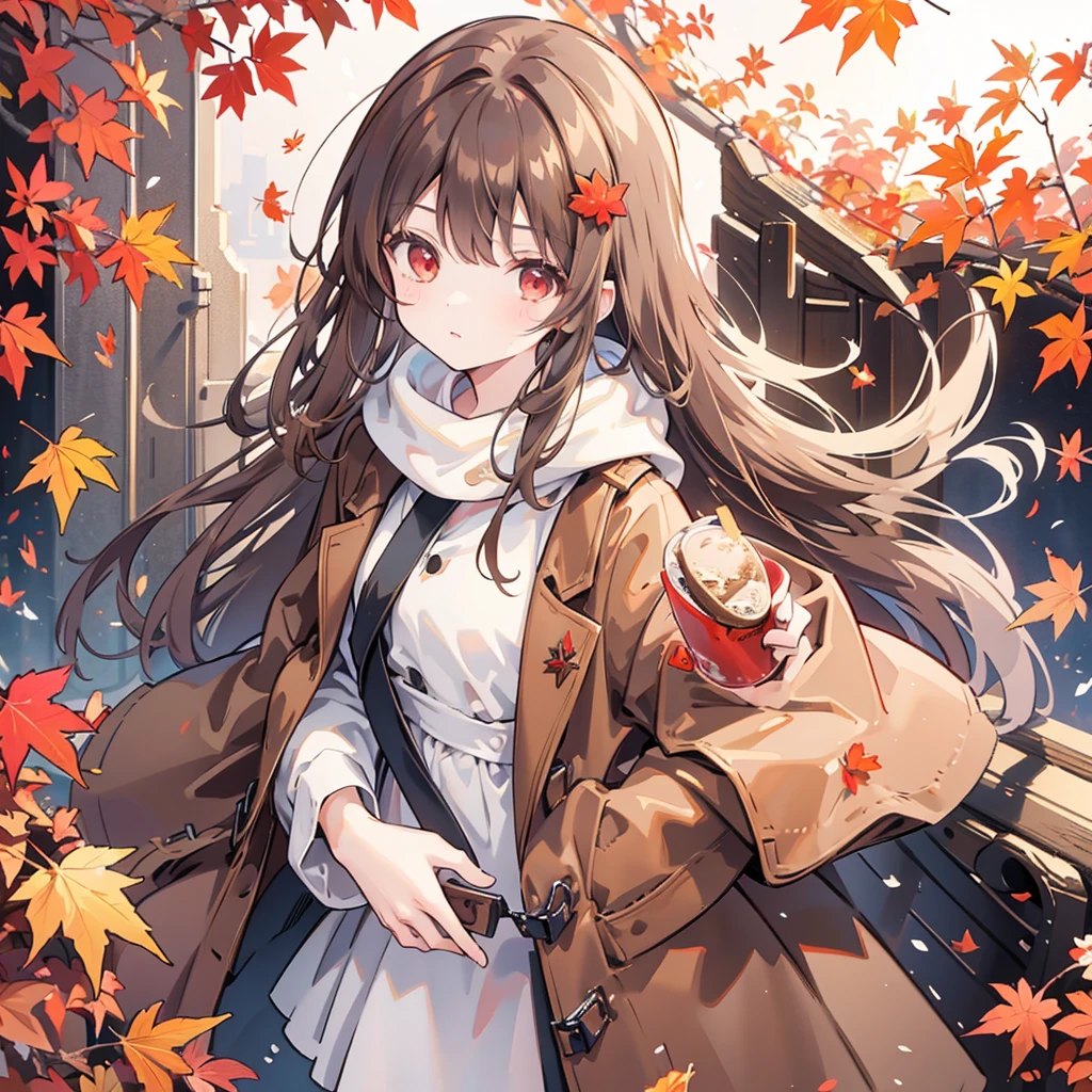1girl, long brown hair, red eyes, wearing a brown coat, holding a maple leaf in hand, maple forest, some leaves fallen by, 8k, looking at viewer
