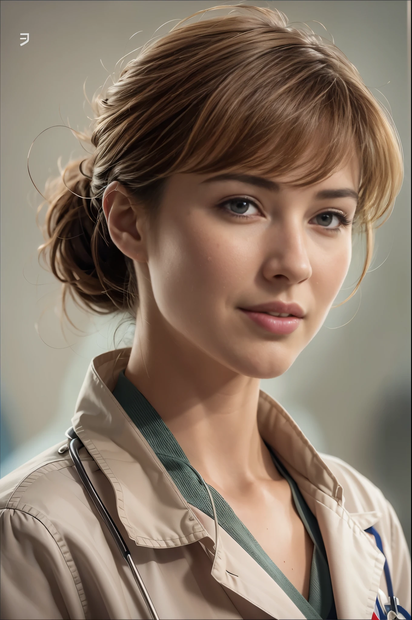 (Louise Bourgoin), Masterpiece, best quality, extremely detailed, hyperrealistic, photorealistic, a half body shot of a beautiful 26 years old french actress, (doctor, hospital, doctor uniform:1.1), ultra detailed face, with bangs, light brown hair with bun, pale skin, brown eyes, slender slim body, 16K, ultra high res.photorealistic, UHD, RAW, DSLR