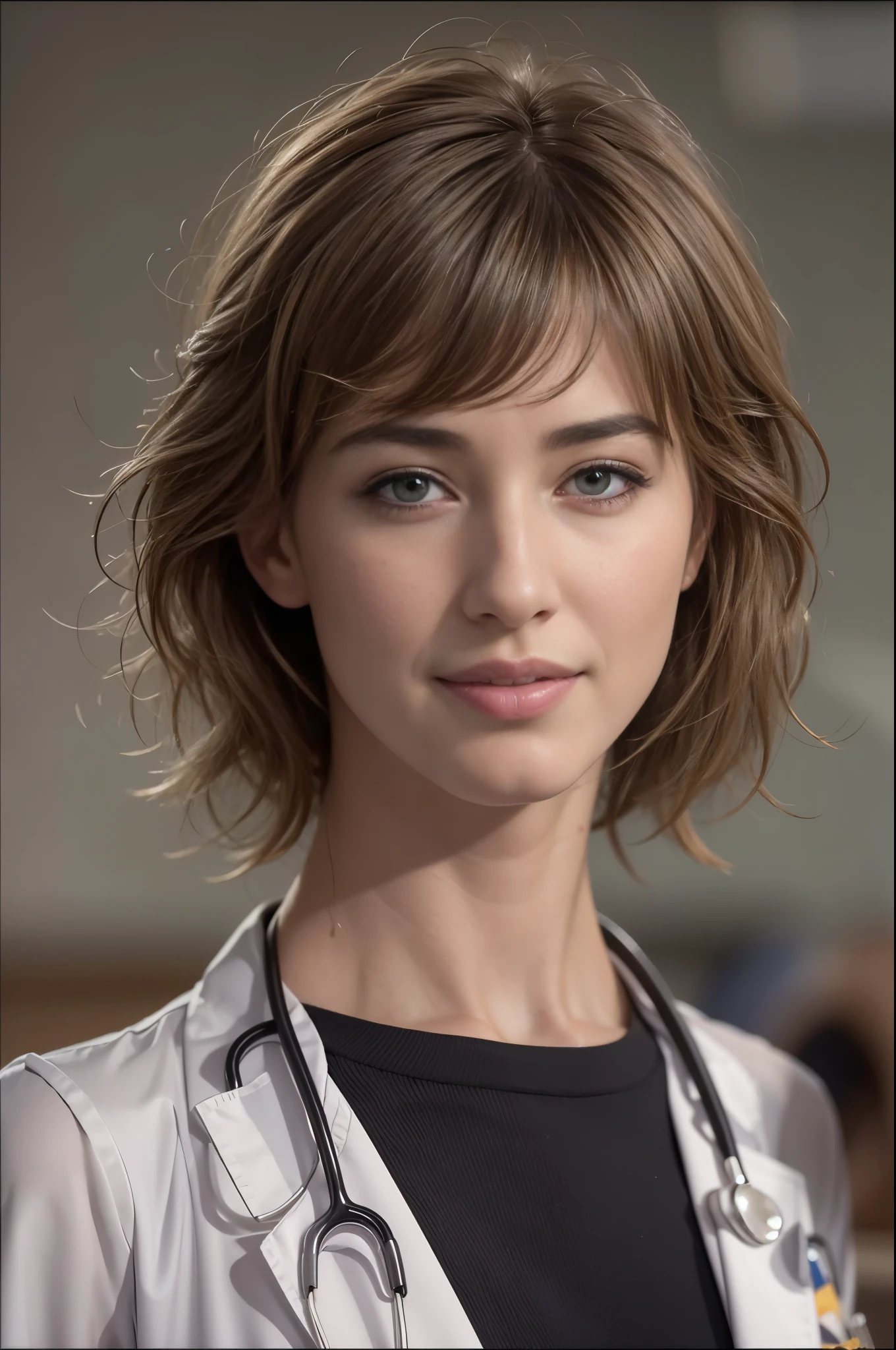 (Louise Bourgoin), Masterpiece, best quality, extremely detailed, hyperrealistic, photorealistic, a half body shot of a beautiful 26 years old french actress, (doctor, hospital, doctor uniform:1.1), ultra detailed face, with bangs, light brown hair with bun, pale skin, brown eyes, slender slim body, 16K, ultra high res.photorealistic, UHD, RAW, DSLR