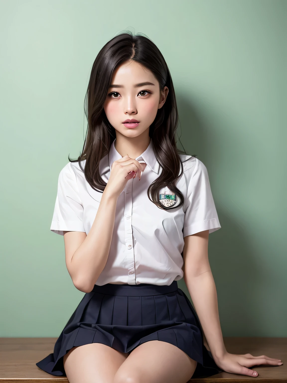 (masterpiece:1.3)、Very fine finish、(High resolution、8k:1.3)、highest quality、Beautiful Hands、Beautiful Hands指、(Ultra-realistic as a photo:1.3), Ultra High Resolution Face、The face is in focus、Ultra high definition and beautiful eyes、(Concentrated eyes:1.3)、(Eyes are symmetrical:1.3)、High quality and beautiful skin、Firm Skin、Natural Makeup、Gloss lips, Ultra HD Hair Texture、Japanese women、high school girl、18-year-old、(High School Uniform:1.3), very cute, Very short hair:1.2, (Sitting:1.3), Mid-chest, (Flip up the skirt、Small panties are visible from the skirt:1.1), Pink wall、 (Very embarrassed:1.3), (blush:1.3), (View Viewer:1.2)