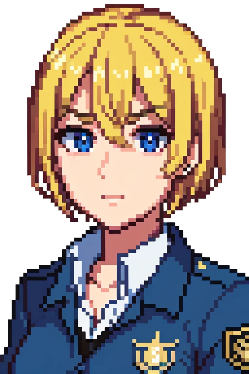 20 year old ??? agent, female, ??? uniform with cleavage, short blonde hair, focus on face, grim facial expression 