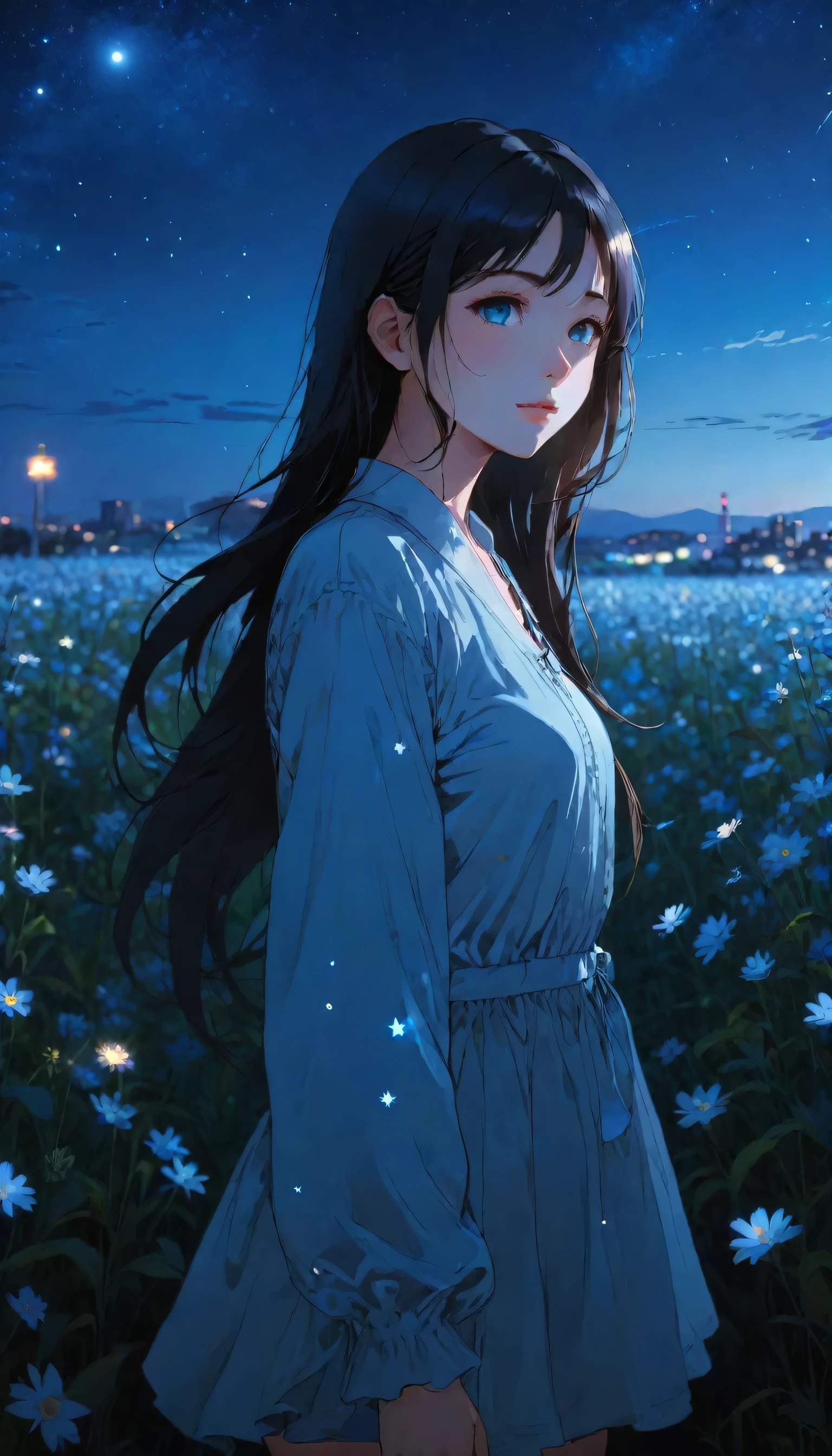 anime girl, night, blue light behind her, long hair, flower field, night sky, cinematic shot. Wallpaper. (Blue color schema), detailed background, a city in the distance
