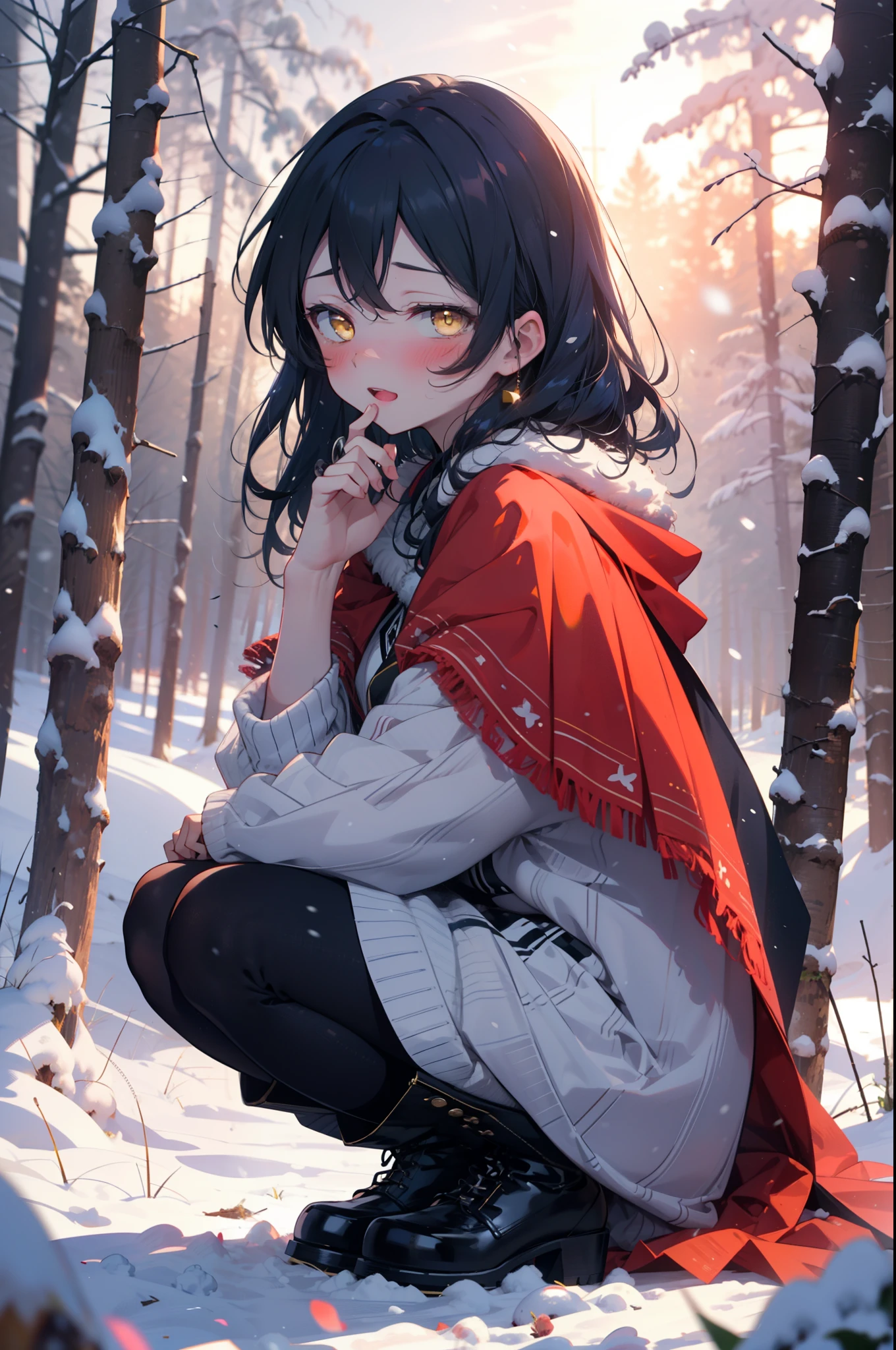 kindly, Umi Sonoda, Long Hair, Blue Hair, (Yellow Eyes:1.5) (Flat Chest:1.2),smile,blush,White Breath,
Open your mouth,snow,Ground bonfire, Outdoor, boots, snowing, From the side, wood, suitcase, Cape, Blurred, Increase your meals, forest, White handbag, nature,  Squat, Mouth closed, フードed Cape, winter, Written boundary depth, Black shoes, red Cape break looking at viewer, Upper Body, whole body, break Outdoor, forest, nature, break (masterpiece:1.2), highest quality, High resolution, unity 8k wallpaper, (shape:0.8), (Beautiful and beautiful eyes:1.6), Highly detailed face, Perfect lighting, Highly detailed CG, (Perfect hands, Perfect Anatomy),