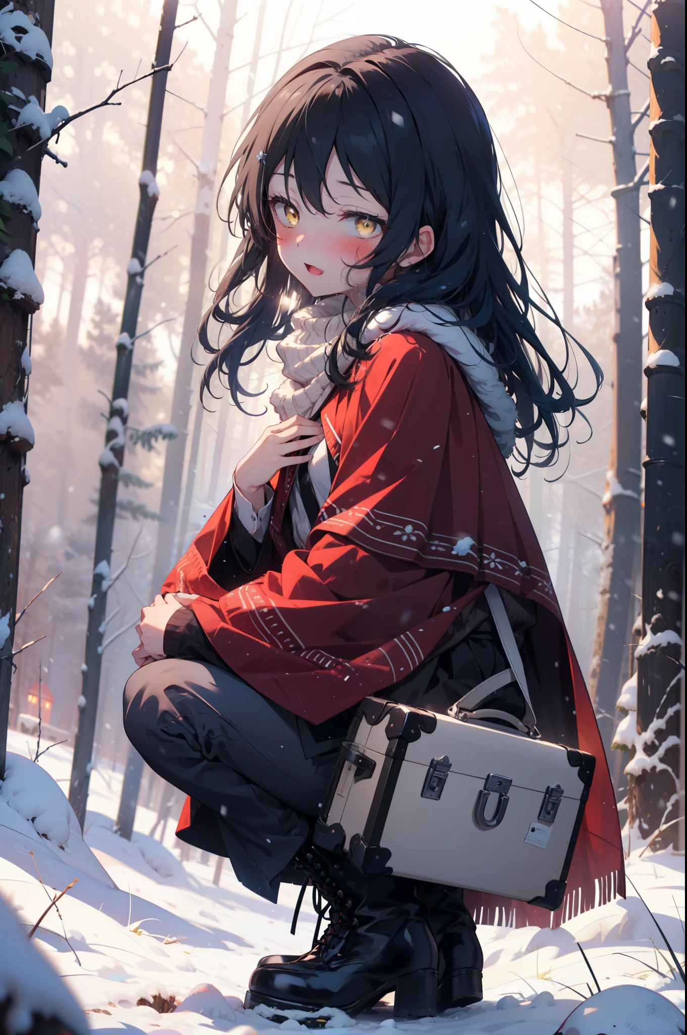 kindly, Umi Sonoda, Long Hair, Blue Hair, (Yellow Eyes:1.5) (Flat Chest:1.2),smile,blush,White Breath,
Open your mouth,snow,Ground bonfire, Outdoor, boots, snowing, From the side, wood, suitcase, Cape, Blurred, Increase your meals, forest, White handbag, nature,  Squat, Mouth closed, フードed Cape, winter, Written boundary depth, Black shoes, red Cape break looking at viewer, Upper Body, whole body, break Outdoor, forest, nature, break (masterpiece:1.2), highest quality, High resolution, unity 8k wallpaper, (shape:0.8), (Beautiful and beautiful eyes:1.6), Highly detailed face, Perfect lighting, Highly detailed CG, (Perfect hands, Perfect Anatomy),