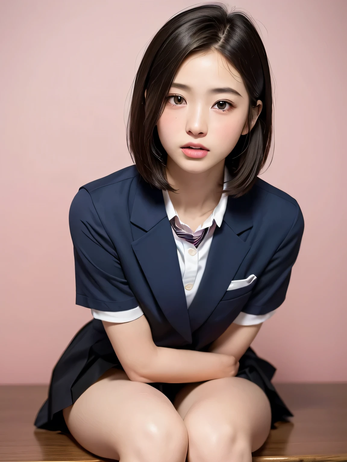 ulzzang -6500-v1.1, (Raw foto:1.2), (Photorealsitic:1.4), a beautiful detailed girl, a blond、short-cut、extremely detailed eye and face, beatiful detailed eyes, Ridiculous, unbelievable Ridiculous, huge filesize, ultra-detailliert, hight resolution, ighly detailed, top-quality, ​masterpiece, Kemomimi, ((Japanese girls' high school uniform)), illustratio, ighly detailed, nffsw, unification, 8k wallpaper, astonishing, finely detail, ​masterpiece, top-quality, Highly detailed ticker uniform 8K wallpaper, face lights、Cinematographic lighting、1girl in、sixteen years old、(witheout panties)、((dynamicposes)))、(camel's toe)、(half)、、(Crooked knees and legs sitting))