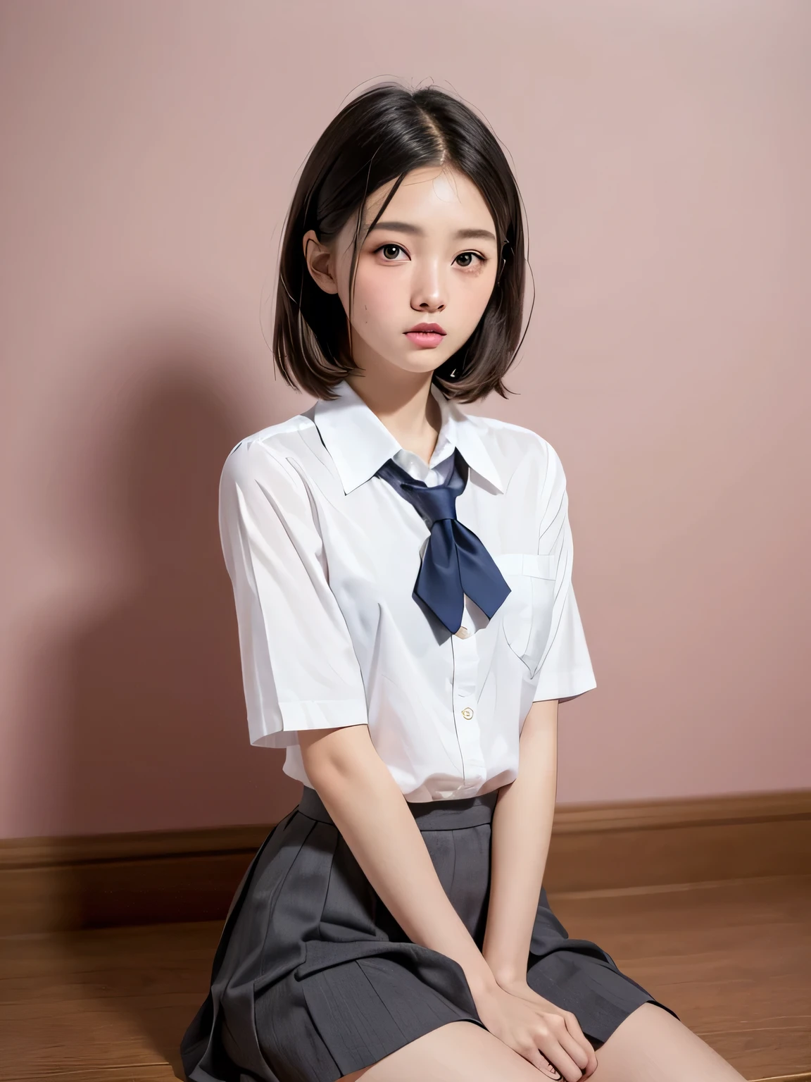 (masterpiece:1.3)、Very fine finish、(High resolution、8k:1.3)、highest quality、Beautiful Hands、Beautiful Hands指、(Ultra-realistic as a photo:1.3), Ultra High Resolution Face、The face is in focus、Ultra high definition and beautiful eyes、(Concentrated eyes:1.3)、(Eyes are symmetrical:1.3)、High quality and beautiful skin、Firm Skin、Natural Makeup、Gloss lips, Ultra HD Hair Texture、Japanese women、high school girl、18-year-old、(High School Uniform:1.3), very cute, Very short hair:1.2, (Sitting:1.3), Mid-chest, (Flip up the skirt、Small panties are visible from the skirt:1.1), Pink wall、 (Very embarrassed:1.3), (blush:1.3), (View Viewer:1.2)