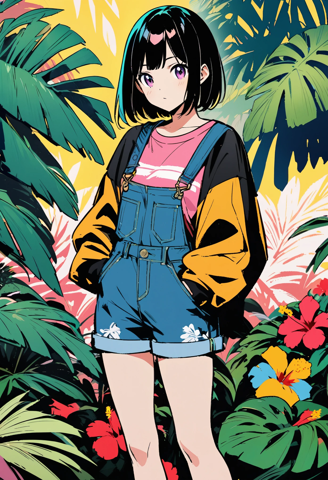 Create a Japanese anime character illustration of a person standing in a relaxed posture. She is wearing a black jumper, pink tank top, and denim shorts, and has her hands lightly in her pockets. Tropical plants with large leaves such as hibiscus are depicted in the background. The background is reminiscent of the seaside. The overall aesthetic is colorful, with detailed shading adding depth and texture to clothing and plants.
