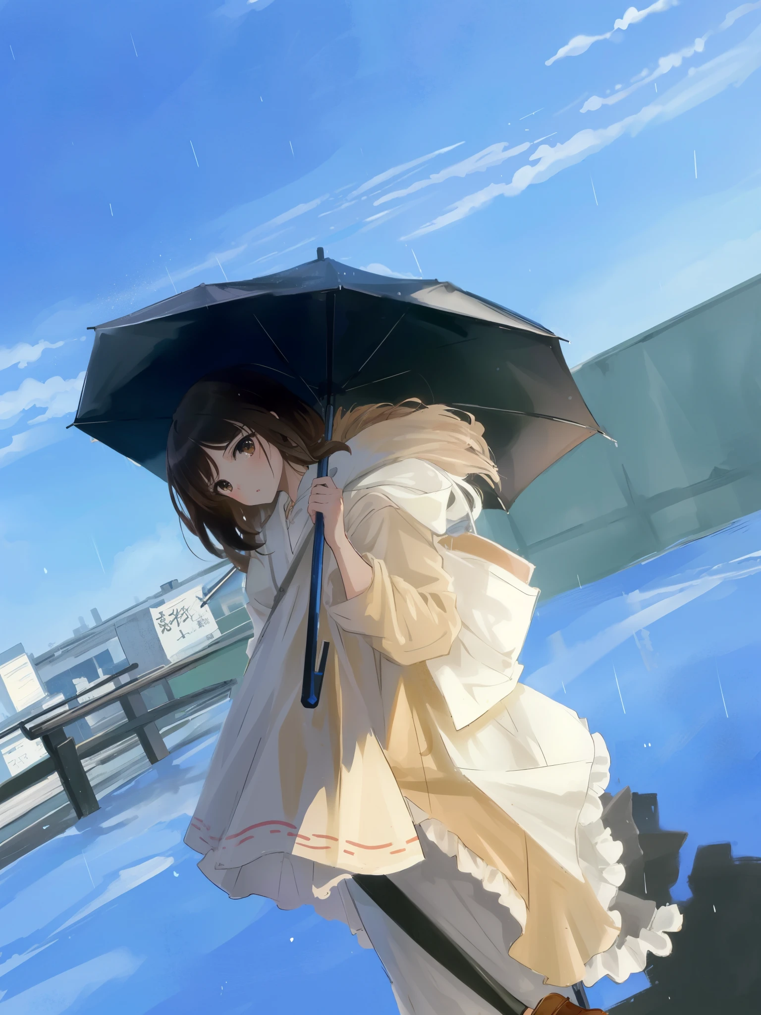 (brown hair swept bangs:1.3), araffe woman in a white dress holding an umbrella on a roof, an umbrella top, holding a umbrella, holding an umbrella, umbrella, holding umbrella, anime style mixed with fujifilm, by Shinoda Toko, daytime ethereal anime, [ realistic photo ]!!, by Kentaro Miura, very low angle photograph, parasol, photorealistic anime, raining!!