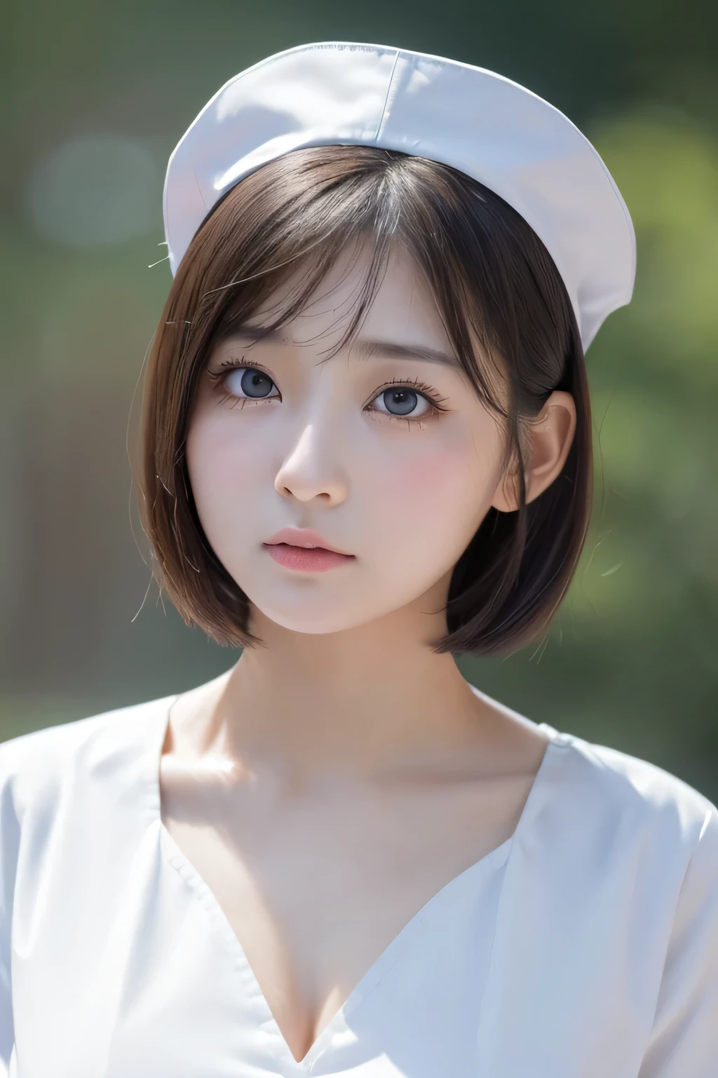 (1 Girl)、(Beautiful Japanese、18years old,round face、Refreshing、clear、seems kind、stylish、Pitiful、cute like an angel、cute、black eyes、,actress,Almond-shaped eyes,Translucent white skin、Beautiful skin), Good style , (((Beautiful big breasts:1.2))),(((soft breasts))),(very cute),(Black hair),(short bob hair),(enchanting eyes),(highlight on eyes:1.2)、(8K、Live shooting、highest quality、masterpiece:1.2、optimal lighting)、((masterpiece)),(Photo taken by a professional photographer),(real、photo real:1.4),break,{ (White nurse costume),(((taraditional nurse uniform)))},(tears:1.4))(cheeks are red:1.2), break, break,Old abandoned hospital,Face shot:1.3、looking at viewer, face close-up,Looking up、Cleavage:1.5、Peering in with a worried look on his face。(((Looking back))),Weak face,From below,(((dynamic angle)))