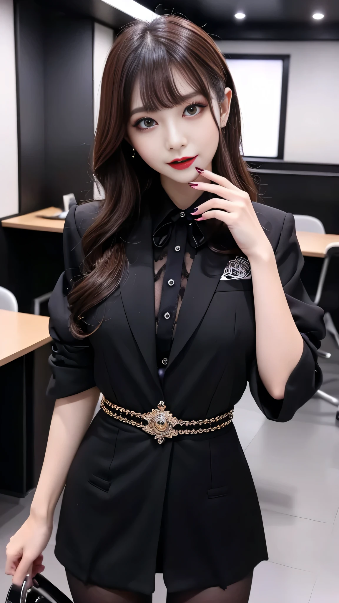 best quality、ultra-detailed、4k、Japanese、Seductive beauty、seductive adult woman、Pretty Woman、cool girl、Villainess、Brainwashed、brainwash、Fallen into evil、smirk、Evil look、Wicked Smile、evil、Brown hair、wavy hair、swept bangs、dark makeup、dark makeup、piercing eyes、hollow eyes,half-closed eyes、Hollow Eyes、purple Eyeshadow、black lipstick、black lipglos、office staff suit、suit、Jacket、Black sleeves、White Shirt、Black Ribbon、Tight Skirt、pantyhose、stockings、High heelask、night、inside darkroom、Are standing、shoot from below、Have lipstick、Emblem of Evil、Crest of Darkness、Swear allegiance、I have pledged my allegiance、Dye black、Blackening、Stained with evil、Dyed in darkness、Seduce