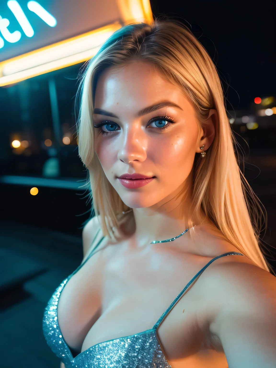 (selfie, top view: 1.4), (straight half of the body: 1.4), RAW UHD portrait photo of a 24-year-old blonde (blue-eyed woman) in a restaurant, large breasts,, city at night, (dress), (neckline), details (textures! , hair! , glitter, color!! , disadvantages: 1.1), glossy eyes with high detail (looking at the camera), SLR lighting, SLR camera, ultra-quality, sharpness, depth of field, film grain (center), Fujifilm XT3, crystal clear, frame center, beautiful face, sharp focus, street lamp, neon lighting, bokeh (dimly lit), night, (night sky), detailed skin pores, oily skin, sunburn, complex eye details, full body, large breasts