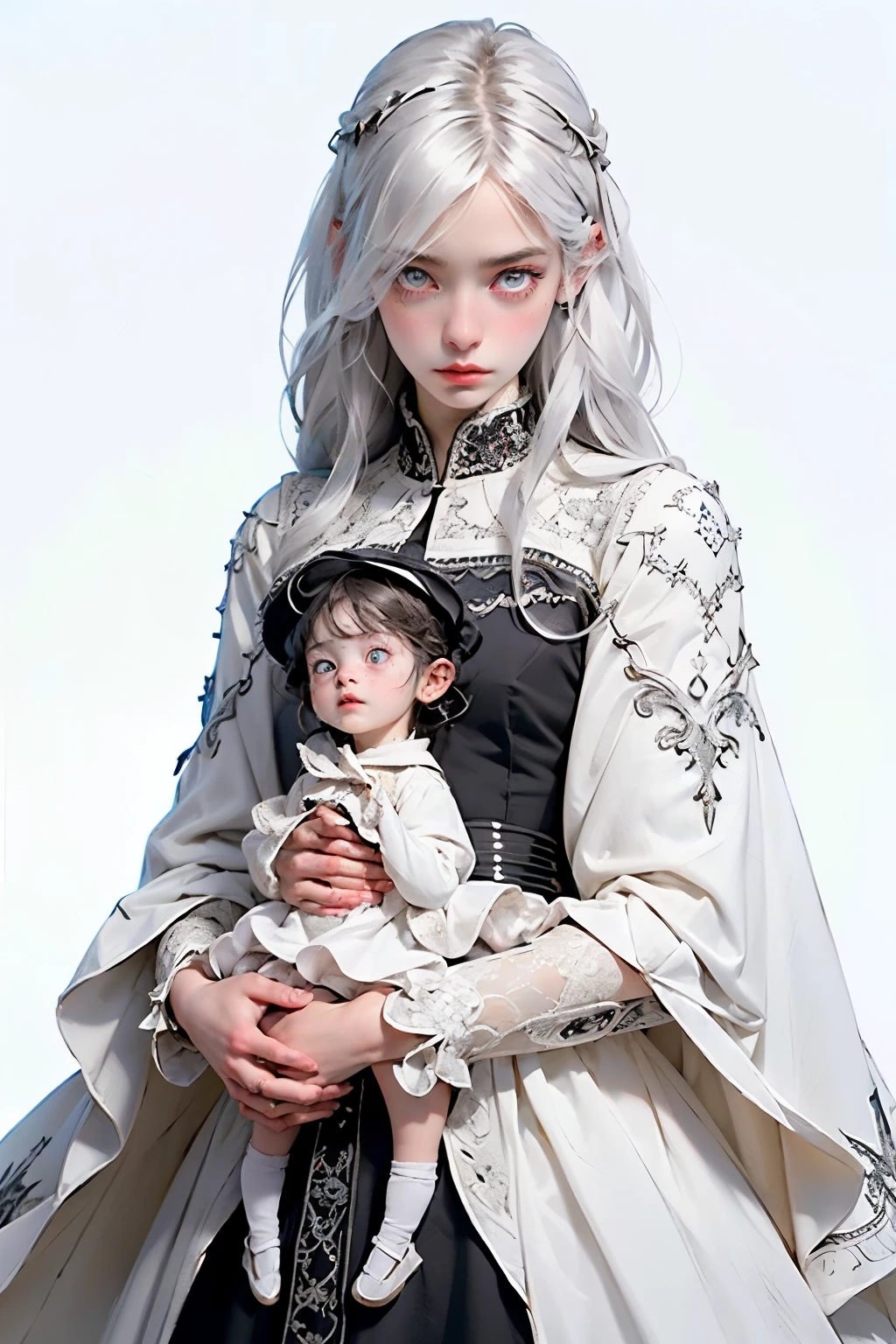 mpts
Copy
(((masutepiece, of the highest quality, super detailed))), hand drawn style, hand painted style, watercolour, sketch, a knight, white background, plain background, Bloodborne inspired, tatty Bloodborne attire, occult aesthetic, occult, tatty red and white clothing detailed and intricate steampunk and detailed gothic ta (with a hood), diadems, long coat, very thin long legs, Complex laced boots, Fluttering lace flared long knee length dress with frilly petticoats, long dress, knee length dress, petticoats gothic lolibeautiful small breasts, (((( Highly detailed face))), small thin nose, Small thin lips mouth, (((Very sharp focused eyes))), Very large slit precision pale grey eyes that shine like jewels. very long eyelashes, Silver hair swaying in the wind, Emitting a dazzling light in a mandala pattern, white background, Very dramatic and cinematic lighting, tatty damaged old red and white clothing, full body, whole body, body, cosmic horror, grim dark